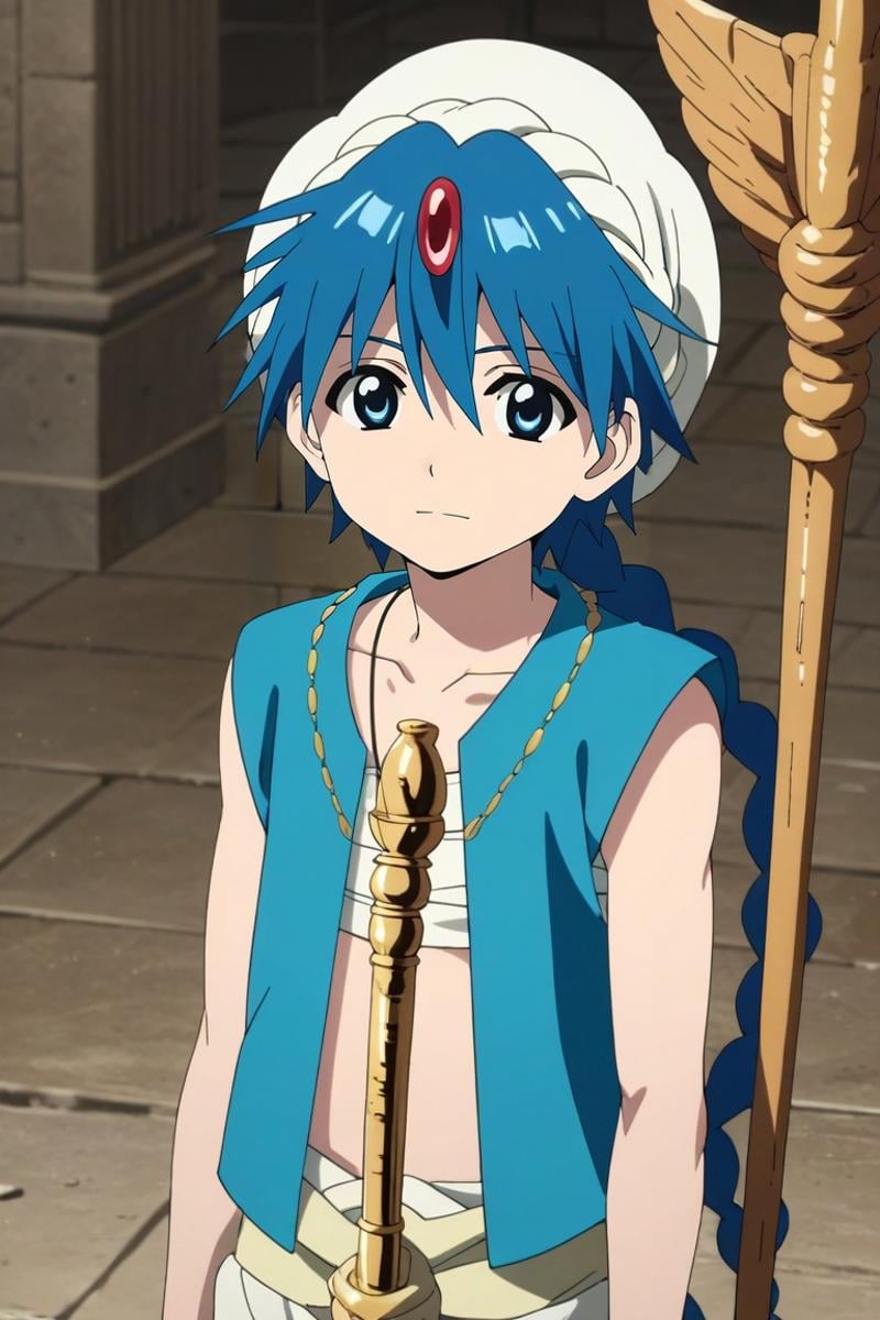 score_9, score_8_up, score_7_up, source_anime, rating_safe, intricate details, (3d:0.4), looking at viewer, , 1boy, solo, male focus, <lora:aladdin_magi_pony:0.86>, aladdin_magi, blue hair, blue eyes, long hair, braid, single braid, turban, jewelry, vest, , staff, , , <lora:sdxl_lightning_8step_lora:1>