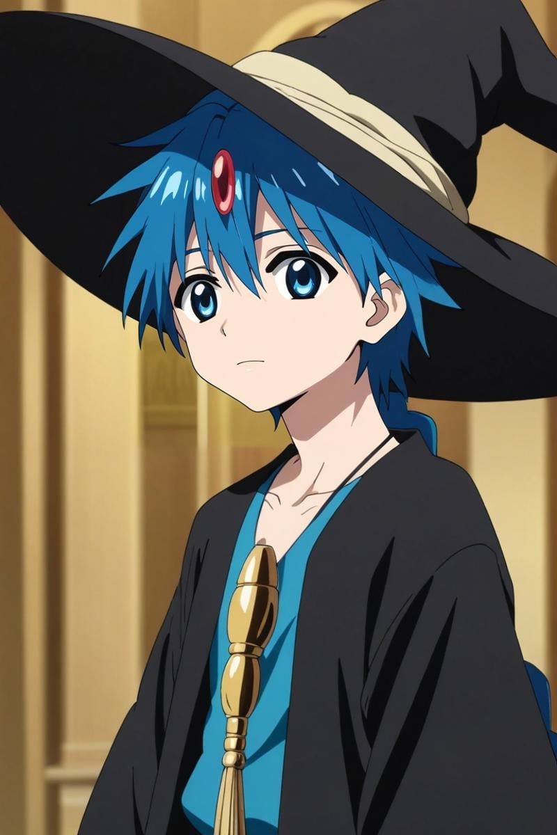 score_9, score_8_up, score_7_up, source_anime, rating_safe, , anime screencap, anime coloring, , looking at viewer, depth of field, 1boy, solo, male focus, <lora:aladdin_magi_pony:0.74>, aladdin_magi, blue hair, blue eyes, long hair, braid, single braid, hat, witch hat, , , biker costume, <lora:sdxl_lightning_8step_lora:1>