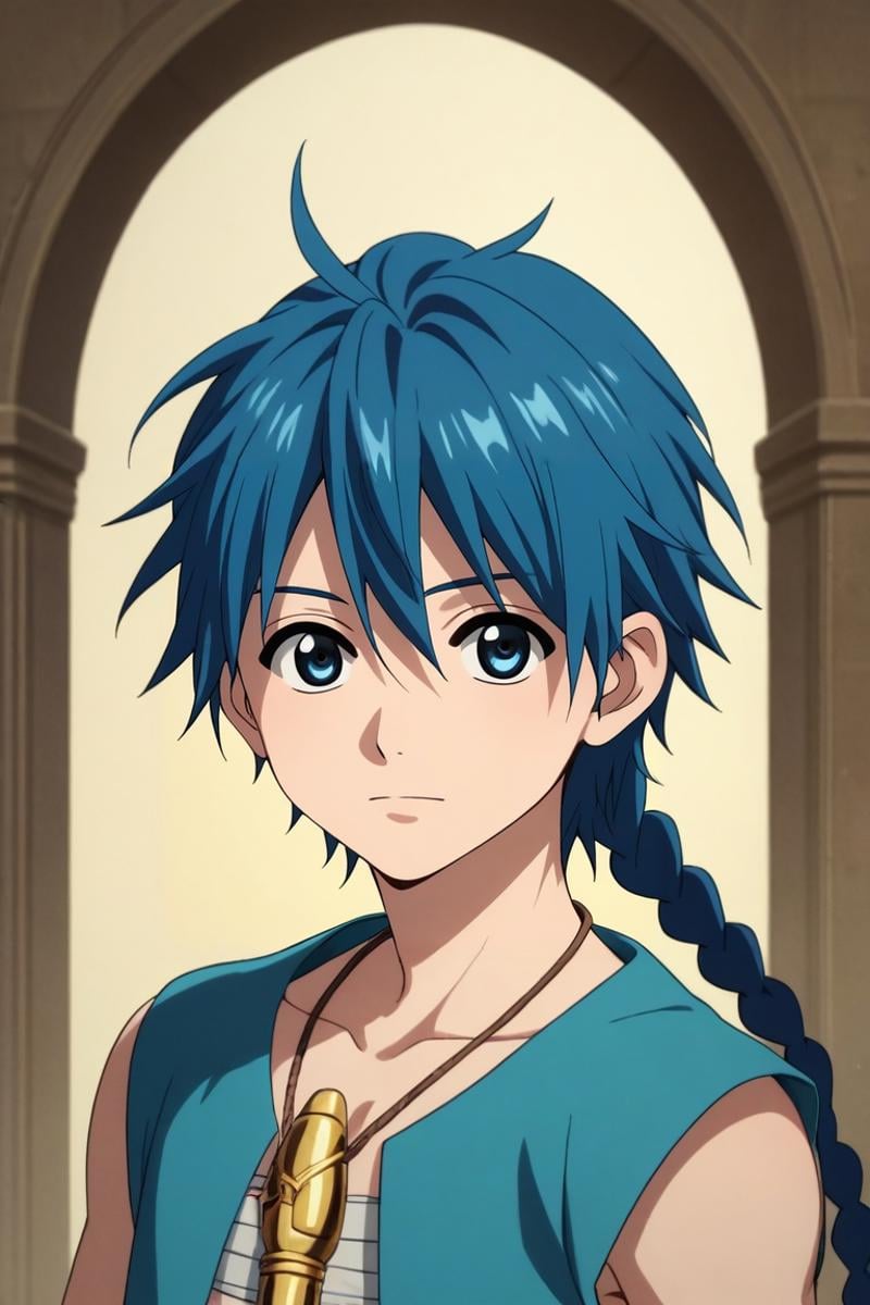 score_9, score_8_up, score_7_up, source_anime, rating_safe, intricate details, (3d:0.4), looking at viewer, , 1boy, solo, male focus, <lora:aladdin_magi_pony:0.84>, aladdin_magi, blue hair, blue eyes, long hair, braid, single braid, , , , , <lora:sdxl_lightning_8step_lora:1>