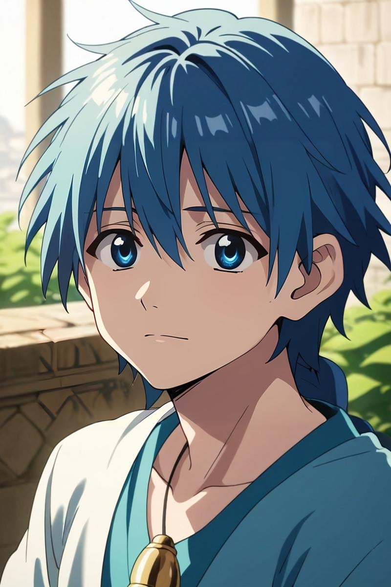 score_9, score_8_up, score_7_up, source_anime, rating_safe, intricate details, semi-realistic, looking at viewer, depth of field, 1boy, solo, male focus, <lora:aladdin_magi_pony:0.8>, aladdin_magi, blue hair, blue eyes, long hair, braid, single braid, , , , , <lora:sdxl_lightning_8step_lora:1>