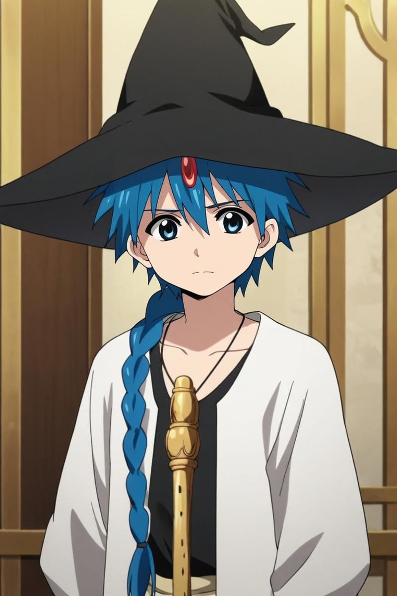 score_9, score_8_up, score_7_up, source_anime, rating_safe, intricate details, anime screencap, , , , , 1boy, solo, male focus, <lora:aladdin_magi_pony:0.76>, aladdin_magi, blue hair, blue eyes, long hair, braid, single braid, hat, witch hat, , , ,, <lora:sdxl_lightning_8step_lora:1>