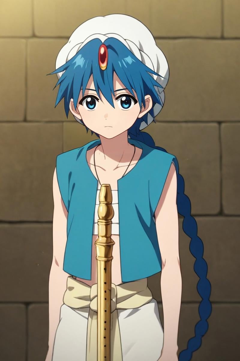 score_9, score_8_up, score_7_up, source_anime, rating_safe, , , , depth of field, 1boy, solo, male focus, <lora:aladdin_magi_pony:0.78>, aladdin_magi, blue hair, blue eyes, long hair, braid, single braid, turban, jewelry, vest, flute, instrument, , , , <lora:sdxl_lightning_8step_lora:1>