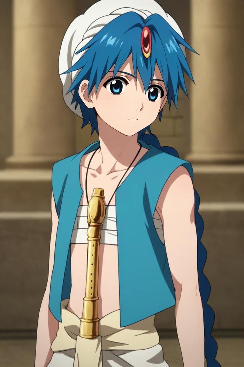 score_9, score_8_up, score_7_up, source_anime, rating_safe, , (realistic:0.6), , depth of field, 1boy, solo, male focus, <lora:aladdin_magi_pony:0.76>, aladdin_magi, blue hair, blue eyes, long hair, braid, single braid, turban, jewelry, vest, , , , , <lora:sdxl_lightning_8step_lora:1>