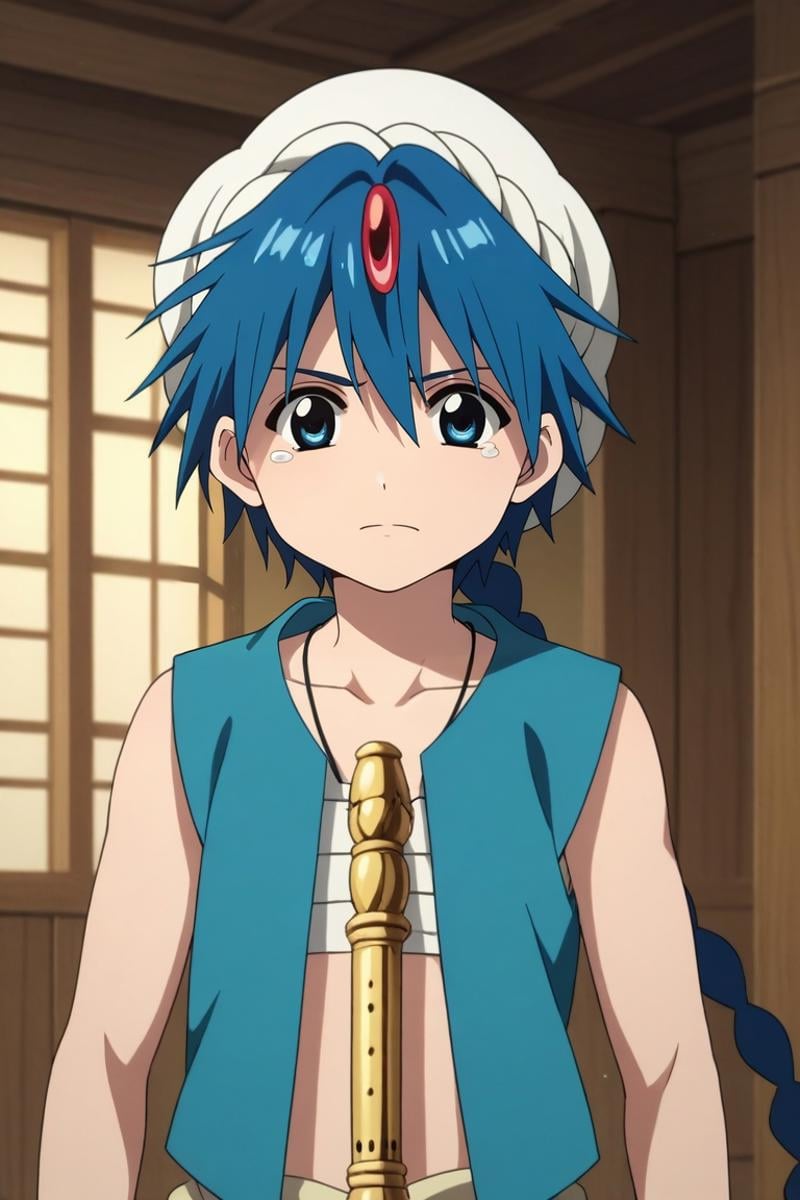 score_9, score_8_up, score_7_up, source_anime, rating_safe, , , , , 1boy, solo, male focus, <lora:aladdin_magi_pony:0.98>, aladdin_magi, blue hair, blue eyes, long hair, braid, single braid, turban, jewelry, vest, flute, instrument, , upper body, dojo, midnight, flexing, tearing up, , <lora:sdxl_lightning_8step_lora:1>