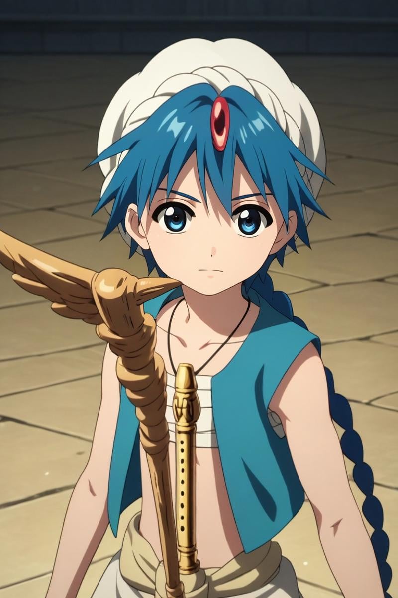 score_9, score_8_up, score_7_up, source_anime, rating_safe, , (3d:0.4), looking at viewer, , 1boy, solo, male focus, <lora:aladdin_magi_pony:0.96>, aladdin_magi, blue hair, blue eyes, long hair, braid, single braid, turban, jewelry, vest, flute, instrument, staff, , , <lora:sdxl_lightning_8step_lora:1>