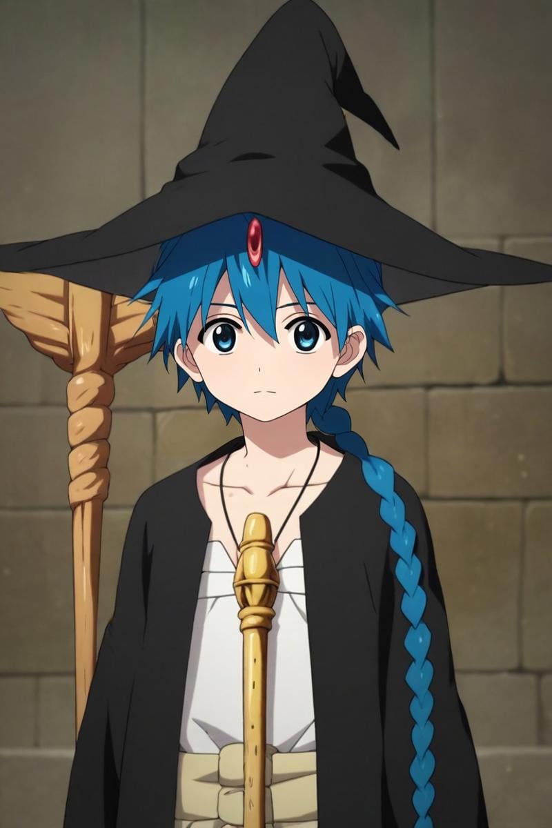 score_9, score_8_up, score_7_up, source_anime, rating_safe, , (realistic:0.6), , depth of field, 1boy, solo, male focus, <lora:aladdin_magi_pony:1>, aladdin_magi, blue hair, blue eyes, long hair, braid, single braid, hat, witch hat, staff, , , <lora:sdxl_lightning_8step_lora:1>