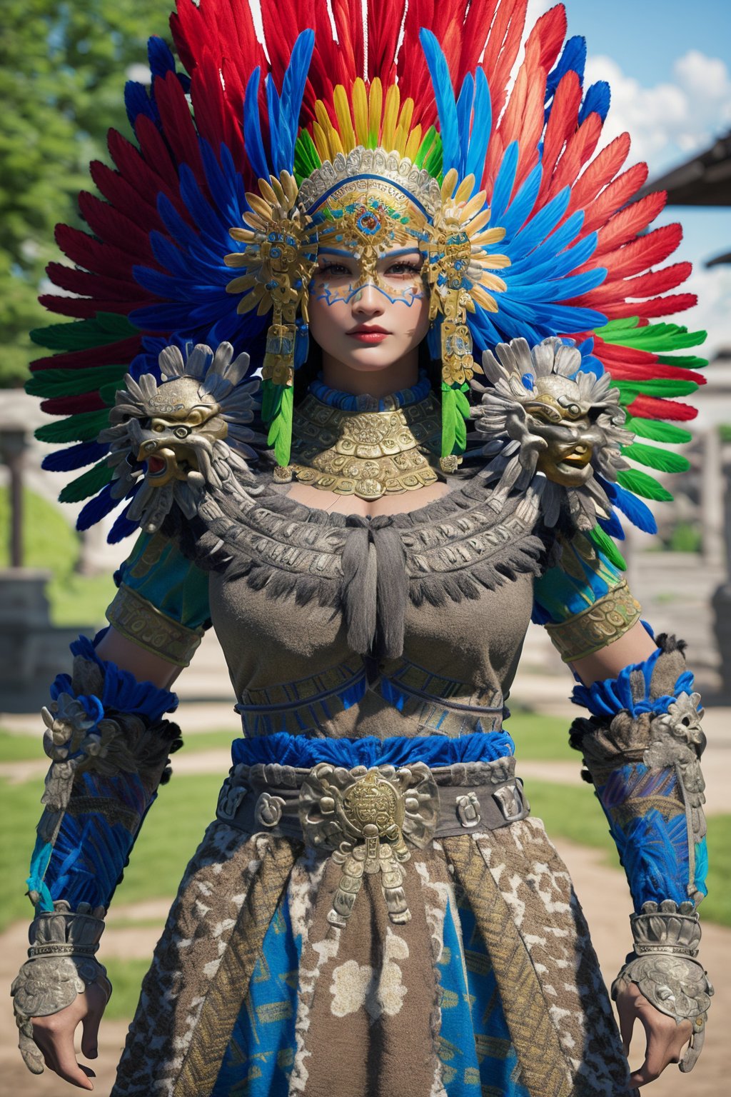 gold mask, busty and sexy girl, 8k, masterpiece, ultra-realistic, best quality, high resolution, high definition, indigenous Mesoamerican cultures, elaborate headdress with feathers , detailed armor with intricate designs, Aztec warriors, The gold-colored belt with a central medallion and animal depiction on the chest piece adds to the warrior aesthetic, shoulder armors