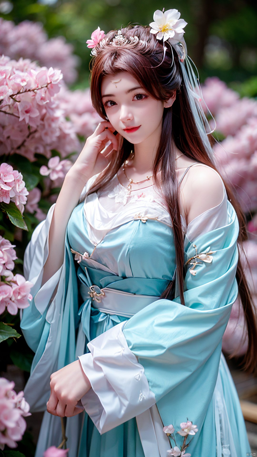 masterpiece,(best quality),upper_body,,exploring cherry blossom branches,wonderland,light blue element, sly,Xsulingyun,(big breasts:1.26), Yunxiao_Fairy,X-Hydrangea, hanfu, ty-hd