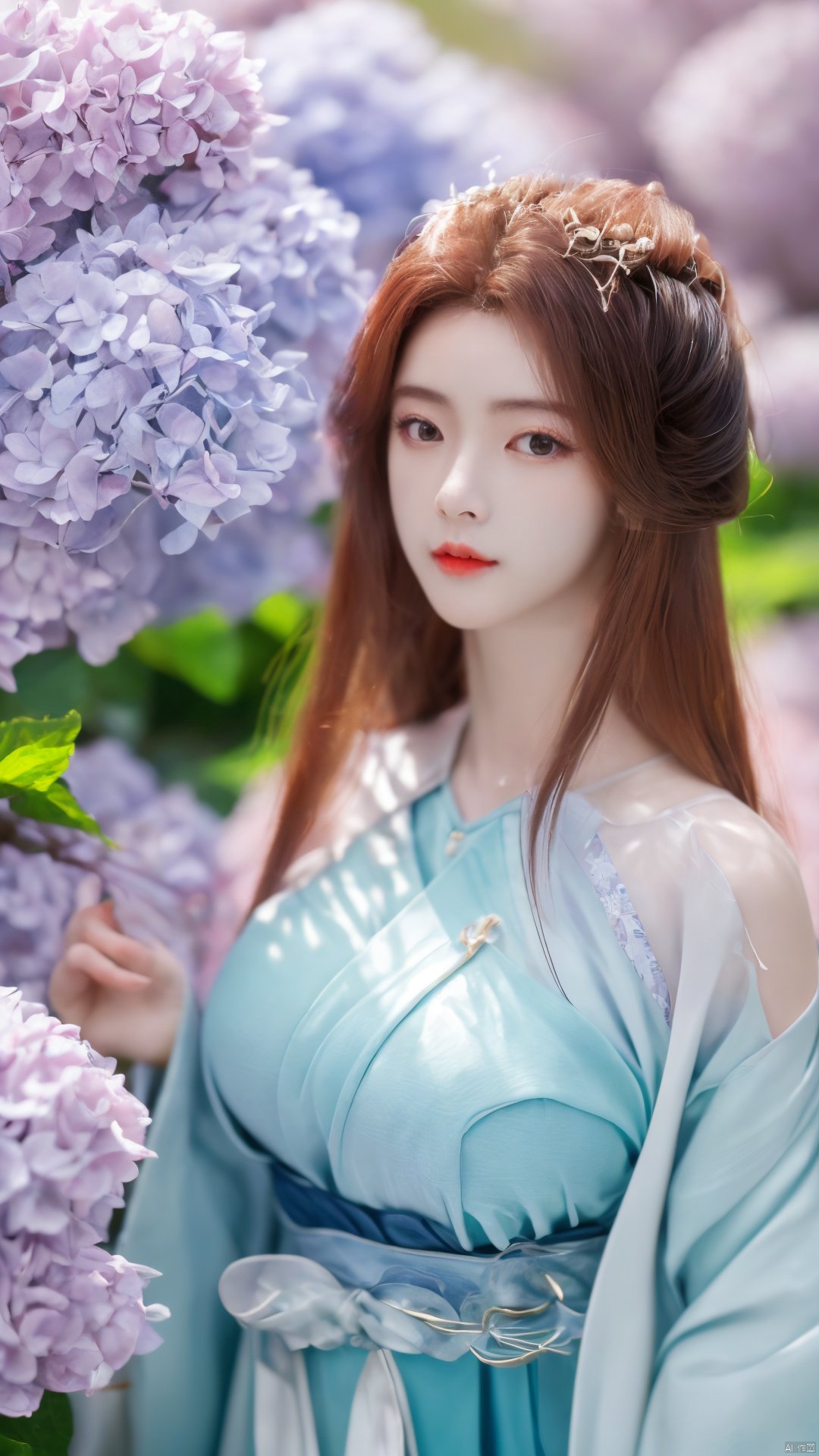 masterpiece,(best quality),upper_body,,exploring cherry blossom branches,wonderland,light blue element, sly,Xsulingyun,(big breasts:1.26), Yunxiao_Fairy,X-Hydrangea, hanfu, ty-hd,1girl,depth of field