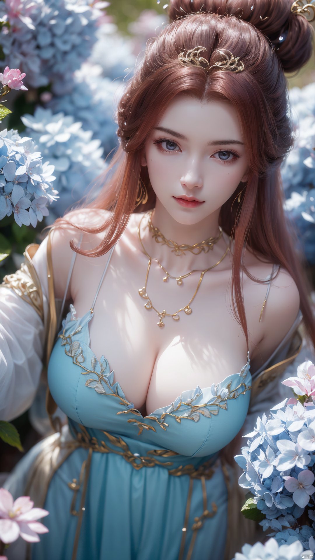 masterpiece,(best quality),upper_body,,exploring cherry blossom branches,wonderland,light blue element, sly,Xsulingyun,(big breasts:1.26), Yunxiao_Fairy,X-Hydrangea, hanfu, ty-hd