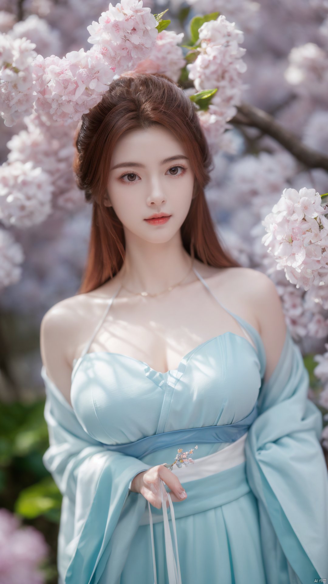 masterpiece,(best quality),upper_body,,exploring cherry blossom branches,wonderland,light blue element, sly,Xsulingyun,(big breasts:1.26), Yunxiao_Fairy,X-Hydrangea, hanfu, ty-hd