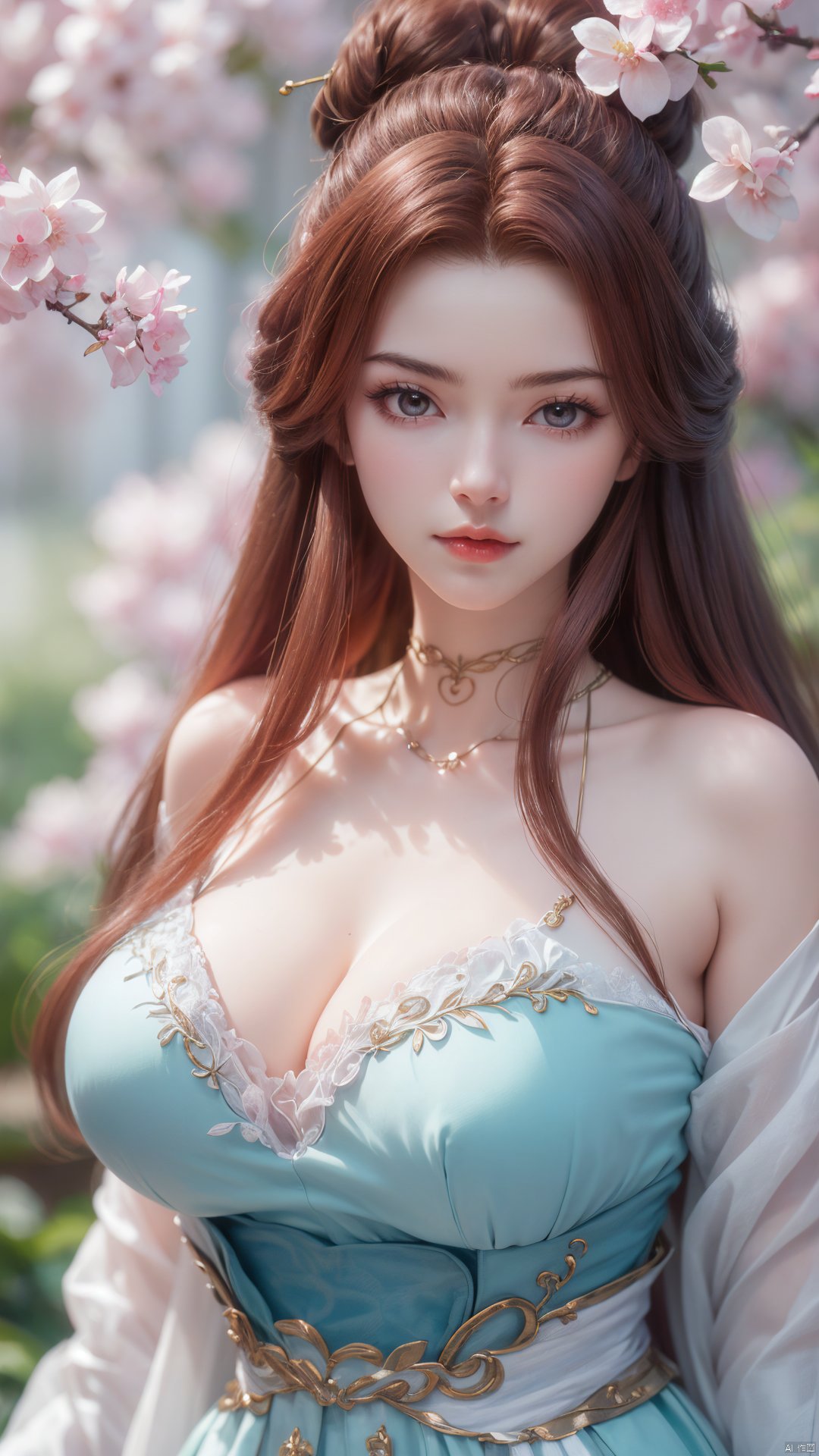 masterpiece,(best quality),upper_body,,exploring cherry blossom branches,wonderland,light blue element, sly,Xsulingyun,(big breasts:1.26), Yunxiao_Fairy,X-Hydrangea, hanfu, ty-hd,1girl,depth of field