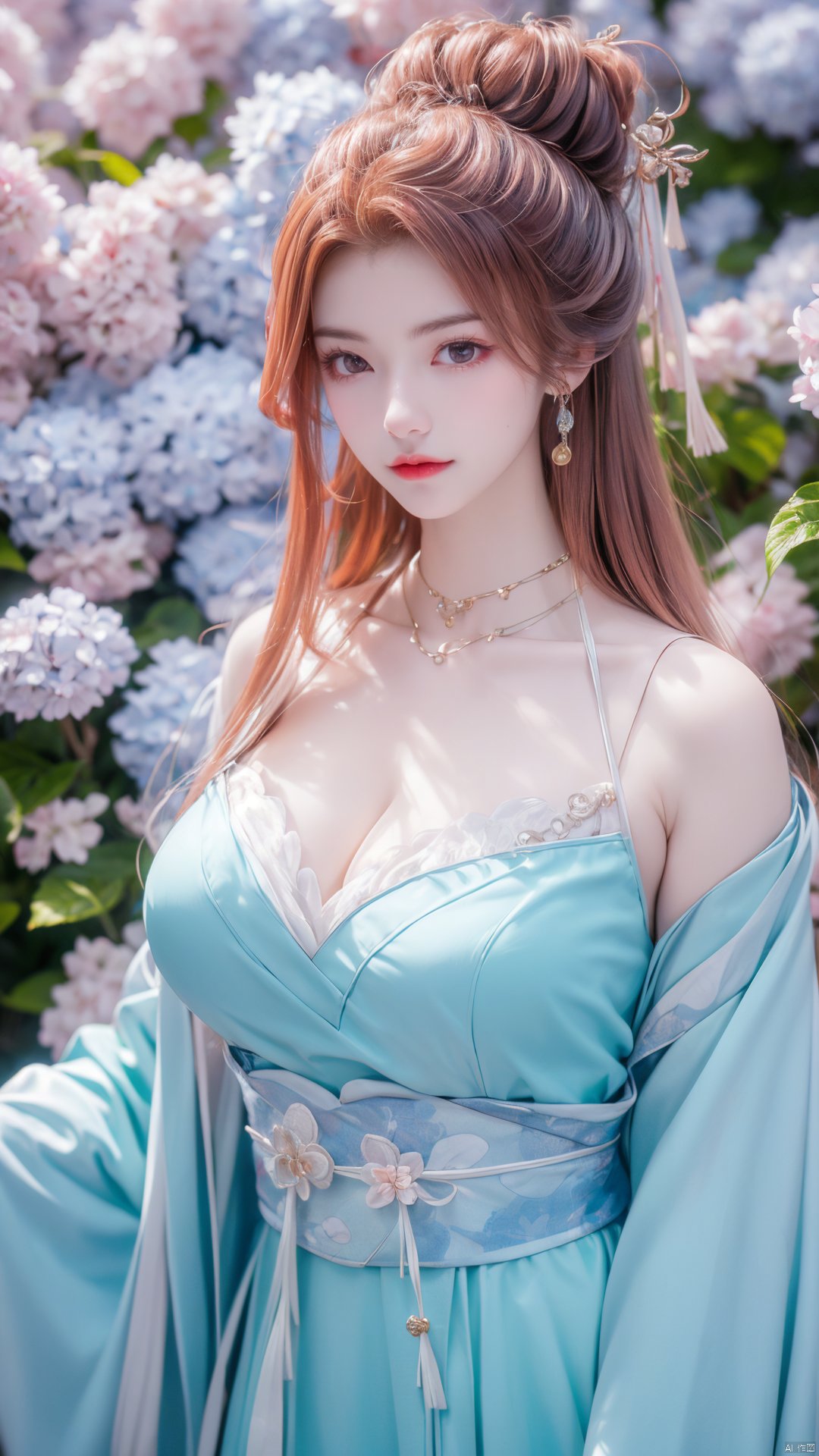 masterpiece,(best quality),upper_body,,exploring cherry blossom branches,wonderland,light blue element, sly,Xsulingyun,(big breasts:1.26), Yunxiao_Fairy,X-Hydrangea, hanfu, ty-hd,1girl,depth of field