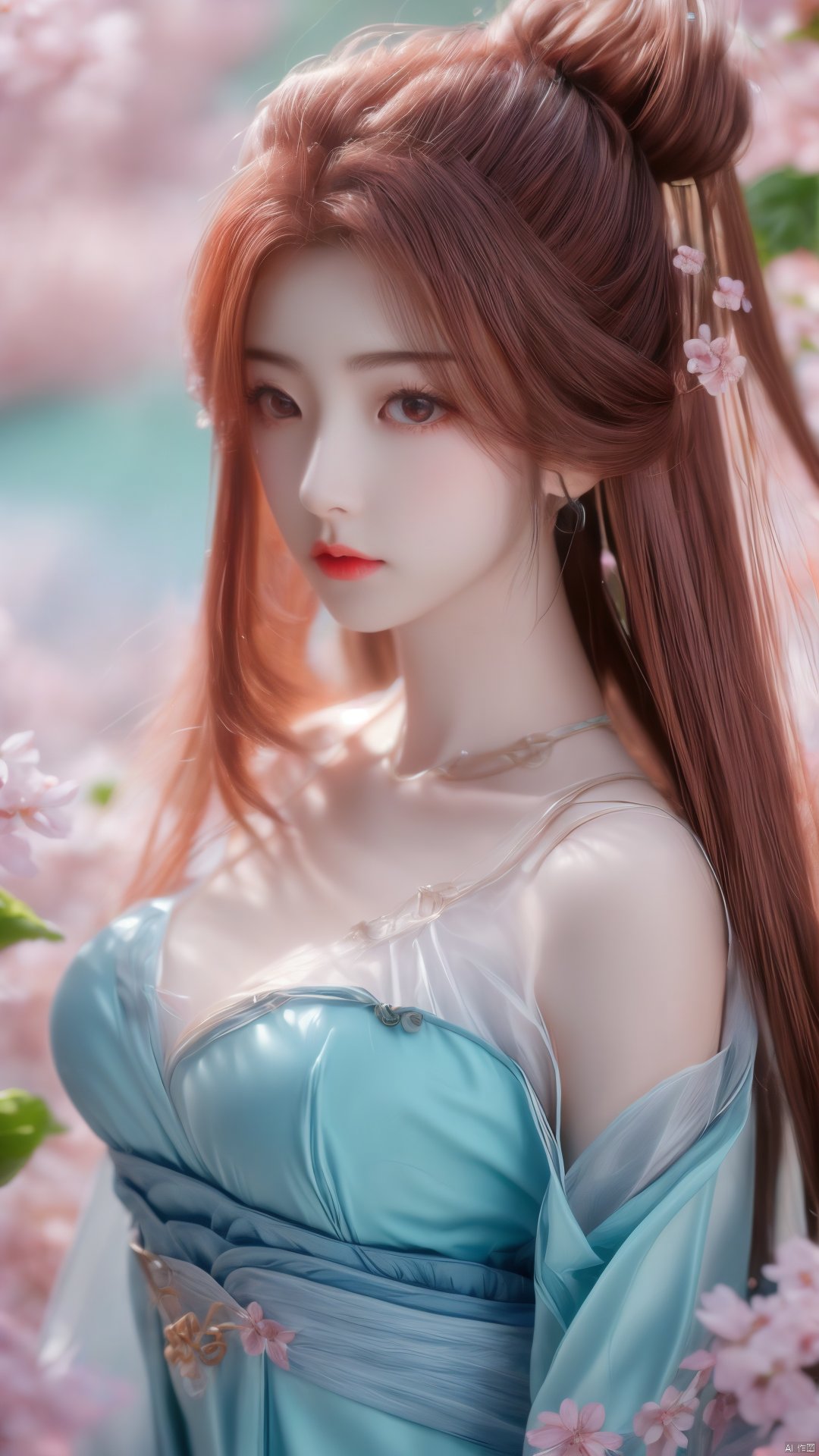 masterpiece,(best quality),upper_body,,exploring cherry blossom branches,wonderland,light blue element, sly,Xsulingyun,(big breasts:1.26), Yunxiao_Fairy,X-Hydrangea, hanfu, ty-hd,1girl,depth of field