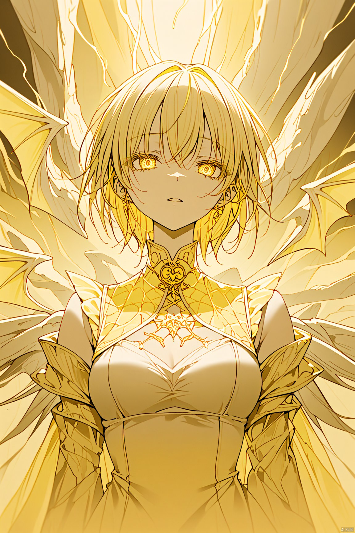  (anime art: 1.21), (dragon: 1.1), (dragon in background: 1.21), 1girl with wings on back, looking at viwer, snake eyes, (yellow theme: 1.5), (monochrome: 1.1), (ethereal beauty: 1.4), (captivating lighting: 1.2), (ethereal aura: 1.3), (mysterious ambiance: 1.2), (thunder in the distance: 1.2), (fantasy art: 1.3), (ethereal scene: 1.3), , masterpiece,best quality,8k,insane details,intricate details,high detail,((masterpiece)), ((best quality))