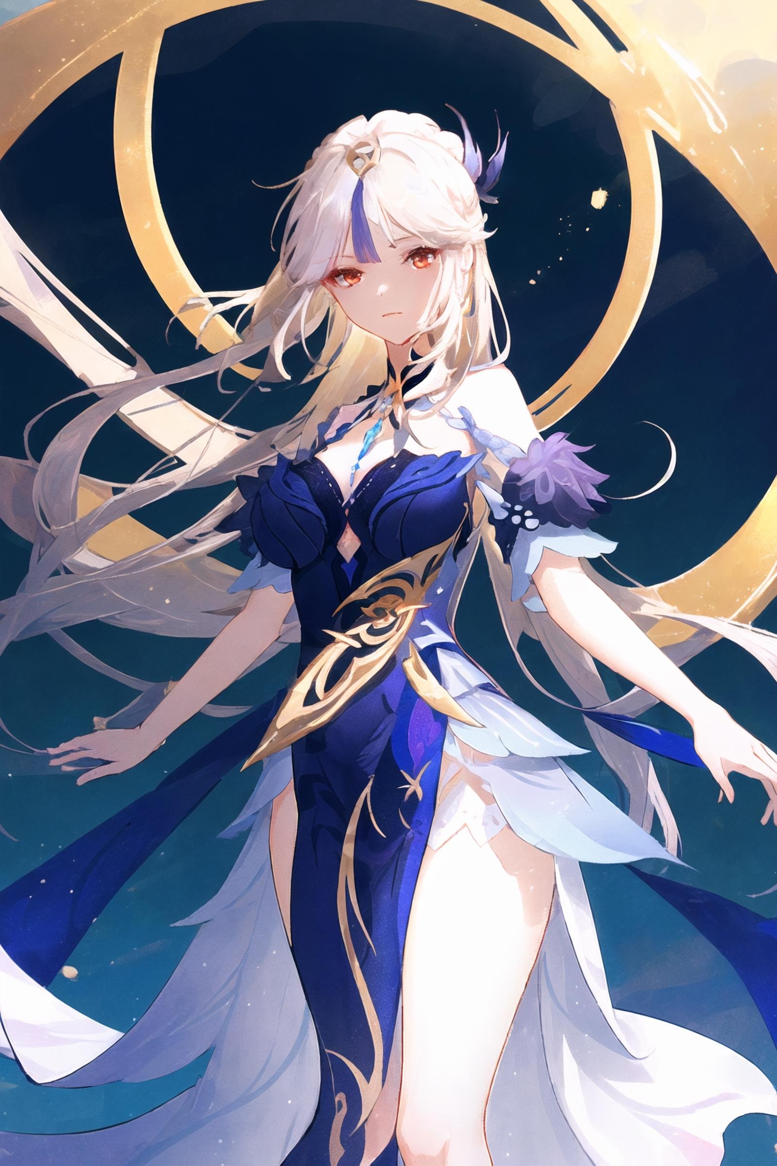 (extremely detailed CG unity 8k wallpaper,masterpiece, best quality, ultra-detailed),(best illumination, best shadow, an extremely delicate and beautiful), floating, high saturation,dynamic angle, ((1girl)), gorgeous,  ningguang \(orchid's evening gown\) \(genshin impact\),white hair, red eyes, very long hair,  hair ornament, bangs