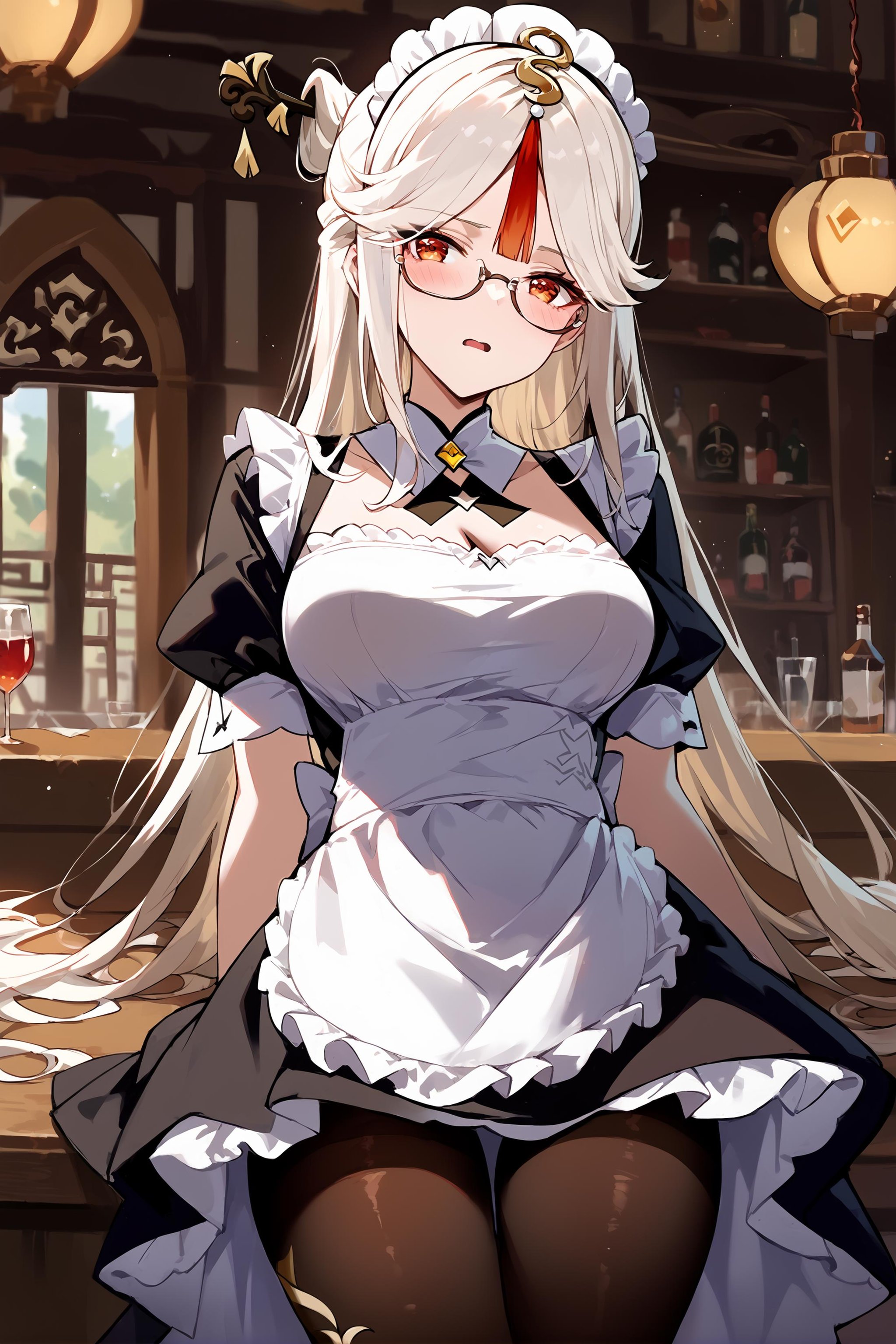 score_9, score_8_up, score_7_up, source_anime, 1girl, ningguang \(genshin impact\), parted bands, glasses, solo, maid, maid headdress, maid apron, embarrassed, pantyhose, open mouth, blush, parted lips, looking at viewer, cowboy shot, bar \(place\), indoors, depth of field <lora:Char-Genshin-Ningguang-V1-Pony:0.9>