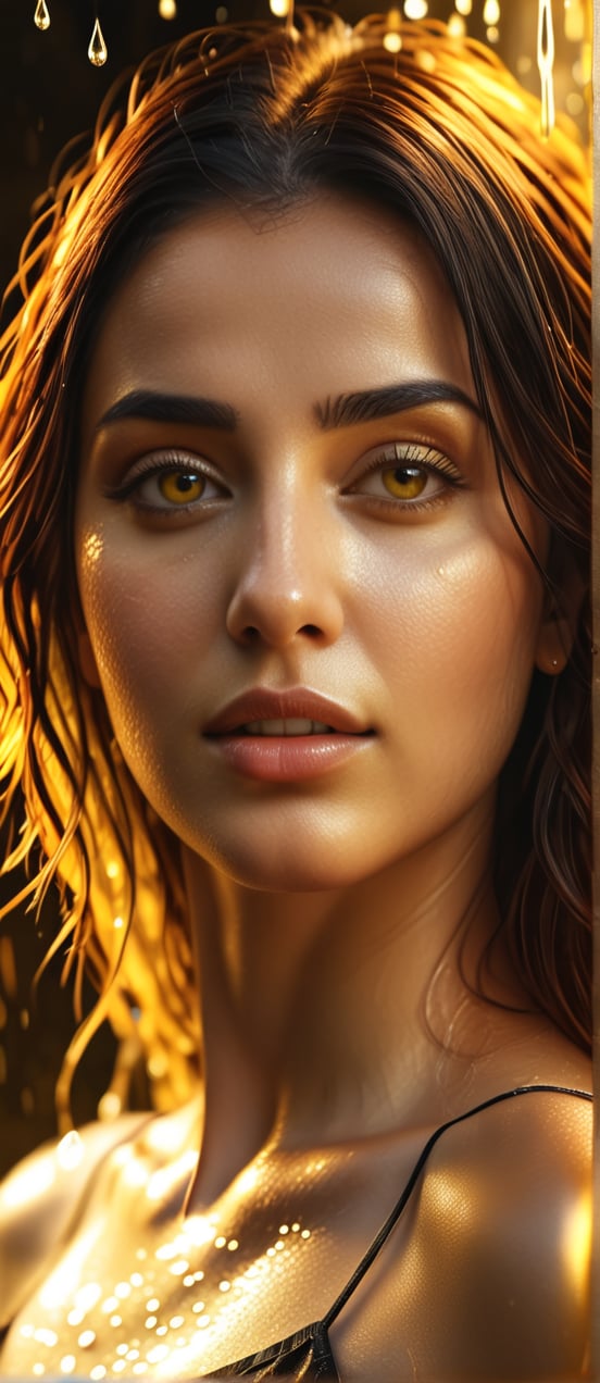 (Best Quality, 4K, 8K, High Resolution, Masterpiece), Ultra Detail, Realistic, Young Attractive Woman, Ethereal Glow, Yellow Tones, Soft Lights, Water Drop Effect, Surreal Atmosphere, Digital Art.