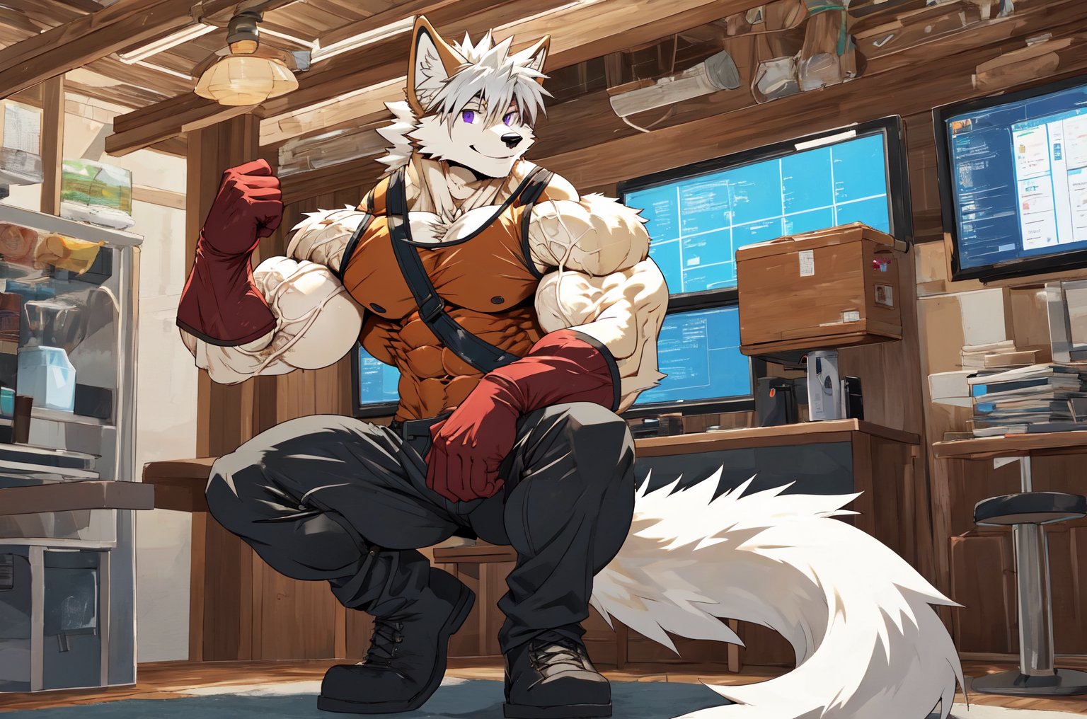 score_9,score_8_up,score_7_up,score_6_up,score_5_up,score_4_up,source_anime, BREAK,1boy, solo, focus male, Seth_Lowell, short hair, hair between eyes, white hair, purple eyes, wolf ears, long tails, sleeveless_shirt, gloves, elbow_gloves, leg harness, long pants, black boots, ,muscular body, huge veiny muscular biceps, tan skin, smile