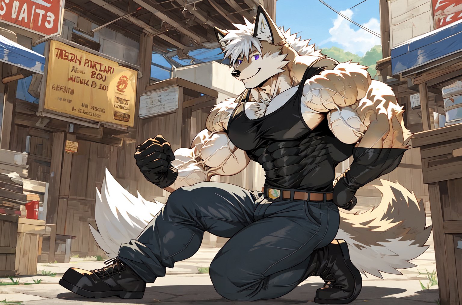 score_9,score_8_up,score_7_up,score_6_up,score_5_up,score_4_up,source_anime, BREAK,1boy, solo, focus male, Seth_Lowell, short hair, hair between eyes, white hair, purple eyes, wolf ears, long tails, sleeveless_shirt, gloves, elbow_gloves, leg harness, long pants, black boots, ,muscular body, huge veiny muscular biceps, tan skin, smile