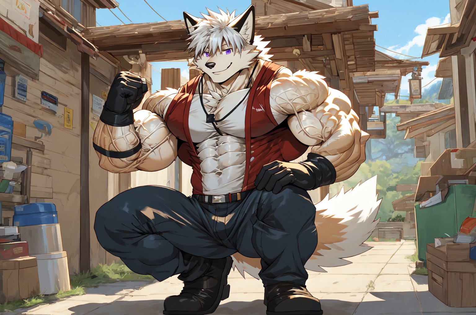 score_9,score_8_up,score_7_up,score_6_up,score_5_up,score_4_up,source_anime, BREAK,1boy, solo, focus male, Seth_Lowell, short hair, hair between eyes, white hair, purple eyes, wolf ears, long tails, sleeveless_shirt, gloves, elbow_gloves, leg harness, long pants, black boots, ,muscular body, huge veiny muscular biceps, tan skin, smile