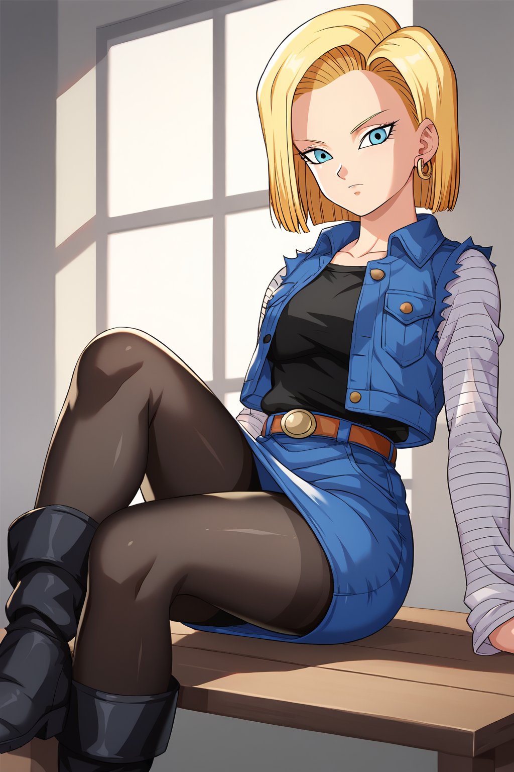 score_9, score_8_up, score_7_up, detailed face, android 18, 1girl, solo, looking at viewer, short hair, blue eyes, skirt, blonde hair, black shirt, long sleeves, jewelry, sitting, crossed legs, pantyhose, earrings, boots, belt, blue skirt, blue jacket, black pantyhose, indoors, denim jacket, denim skirt