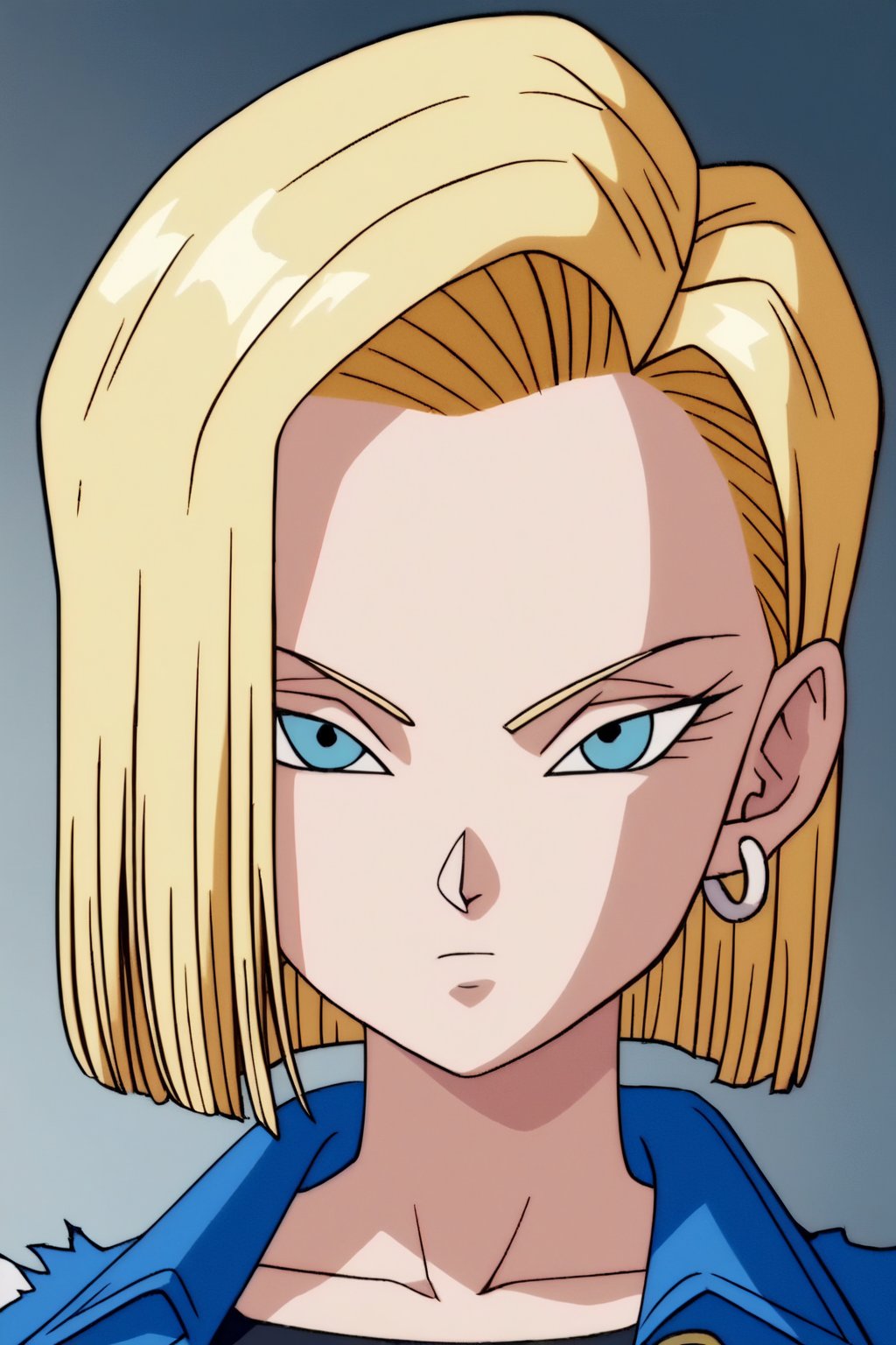 source_anime, score_9, score_8_up, score_7_up, anime screencap, detailed face, android 18, 1girl, solo, looking at viewer, short hair, blue eyes, blonde hair, shirt, jewelry, closed mouth, collarbone, jacket, upper body, earrings, torn clothes, expressionless, denim jacket