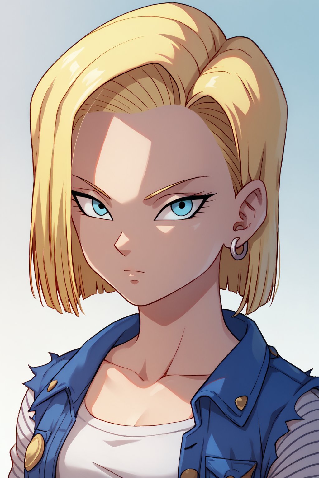 score_9, score_8_up, score_7_up, detailed face, android 18, 1girl, solo, looking at viewer, short hair, blue eyes, blonde hair, shirt, jewelry, closed mouth, collarbone, jacket, upper body, earrings, torn clothes, expressionless, denim jacket