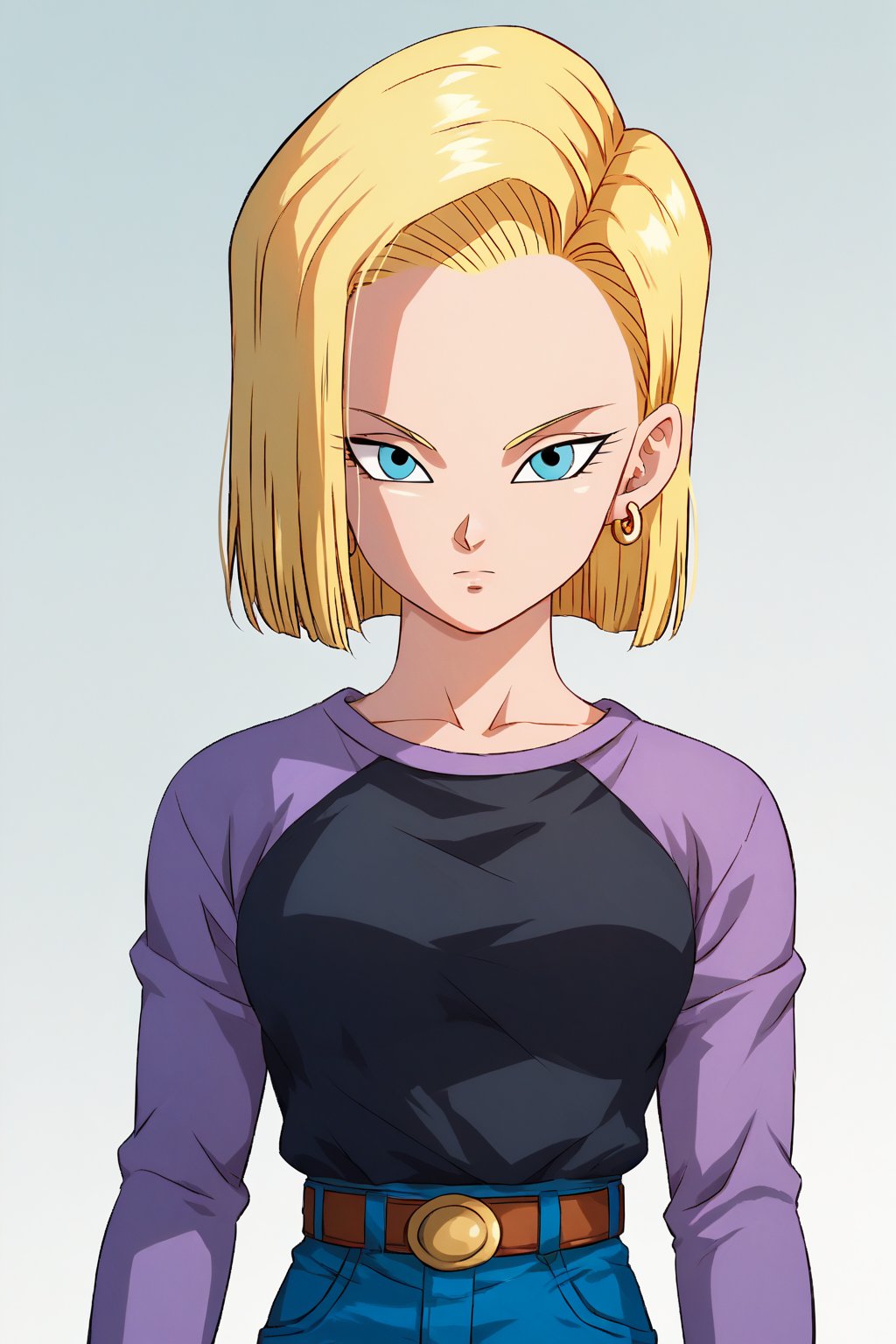 score_9, score_8_up, score_7_up, detailed face, android 18, 1girl, solo, standing, short hair, blue eyes, upper body, blonde hair, jewelry, earrings, belt, denim jeans, raglan sleeves, purple sleeves, black shirt



