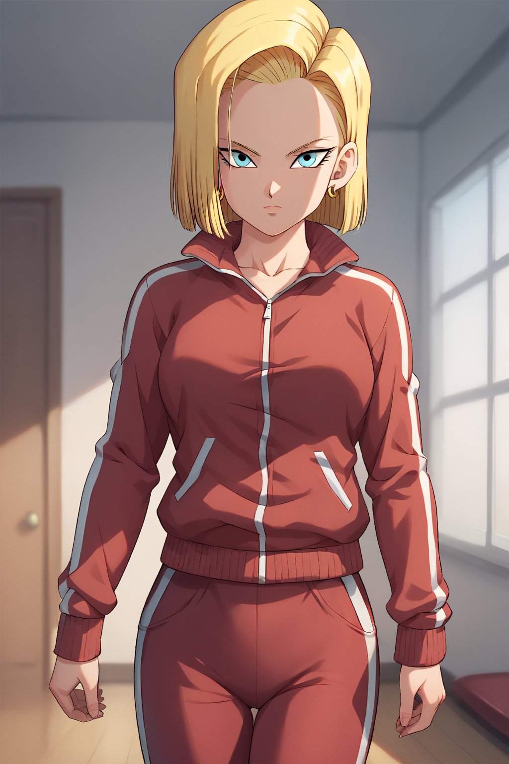 score_9, score_8_up, score_7_up, detailed face, android 18, 1girl, solo, looking at viewer, short hair, closed mouth, blue eyes, blonde hair, indoors, long sleeves, standing, jacket, pants, track jacket, track suit, track pants, red pants, red jacket
