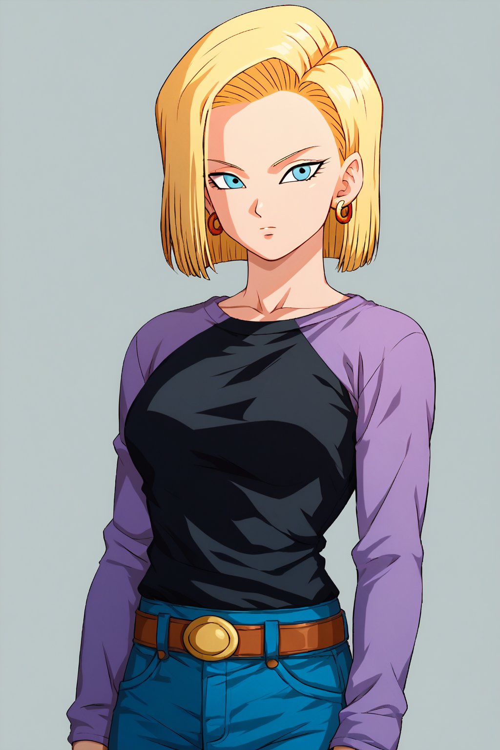 score_9, score_8_up, score_7_up, detailed face, android 18, 1girl, solo, standing, short hair, blue eyes, upper body, blonde hair, jewelry, earrings, belt, denim jeans, raglan sleeves, purple sleeves, black shirt



