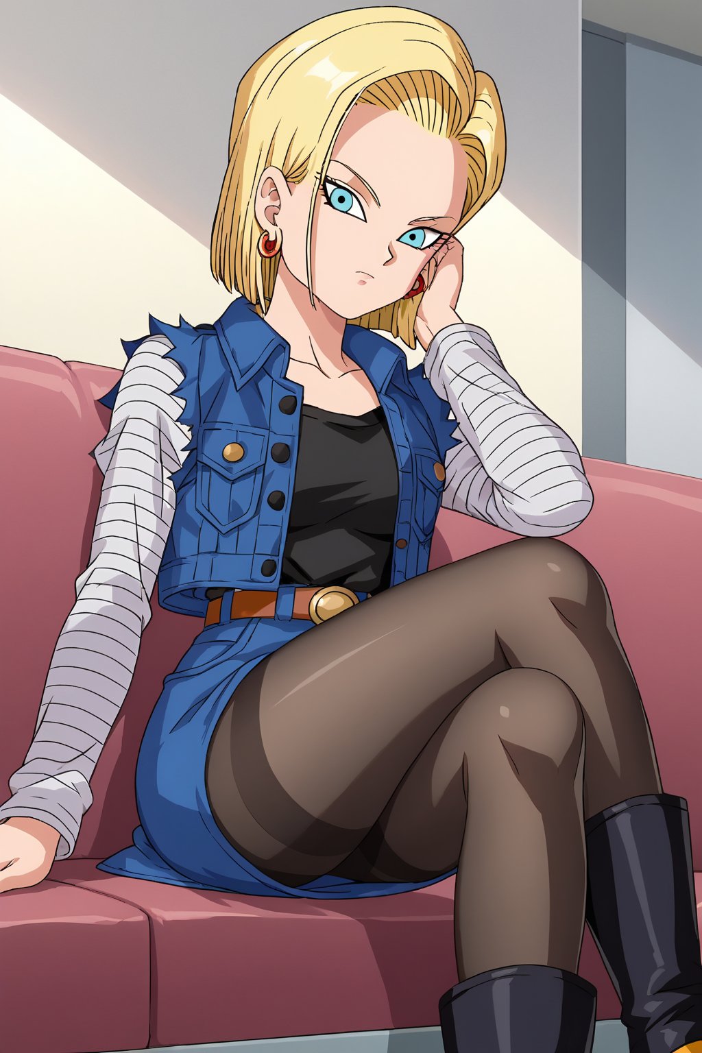 source_anime, score_9, score_8_up, score_7_up, anime screencap, detailed face, android 18, 1girl, solo, looking at viewer, short hair, blue eyes, skirt, blonde hair, black shirt, long sleeves, jewelry, sitting, crossed legs, pantyhose, earrings, boots, belt, blue skirt, blue jacket, black pantyhose, indoors, denim jacket, denim skirt