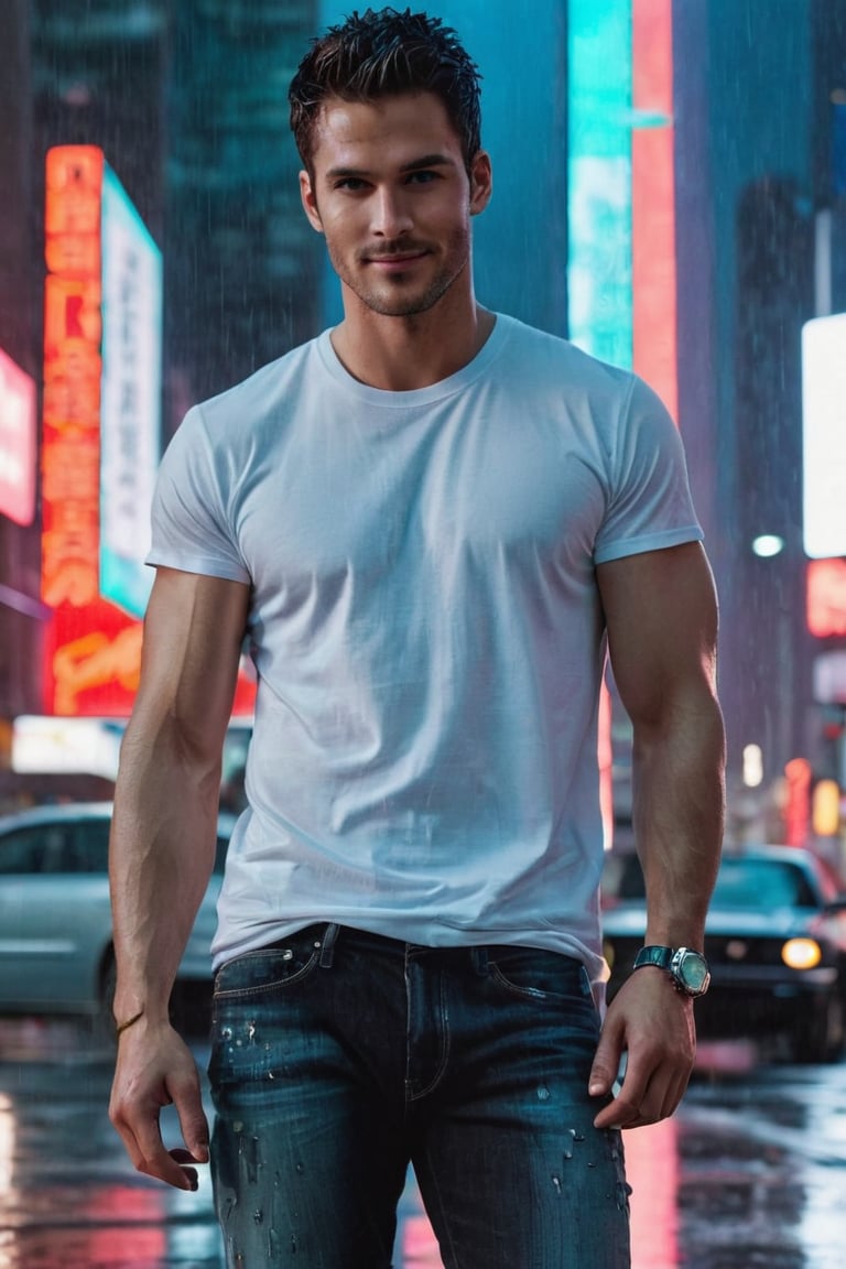 A close-up shot frames Adam's striking figure, his cybernetic enhancements glinting under neon-lit skyscrapers and holographic billboards in a dystopian cityscape. Rain-soaked streets glisten with an artificial glow, as he stands confidently, posing seductively in classic jeans, crisp white T-shirt, and sleek sneakers. His wristwatch gleams on his toned arm, and his real skin glistens with a healthy sheen. Bright black eyes sparkle with charm as he smiles directly at the camera, exuding confidence and charisma.