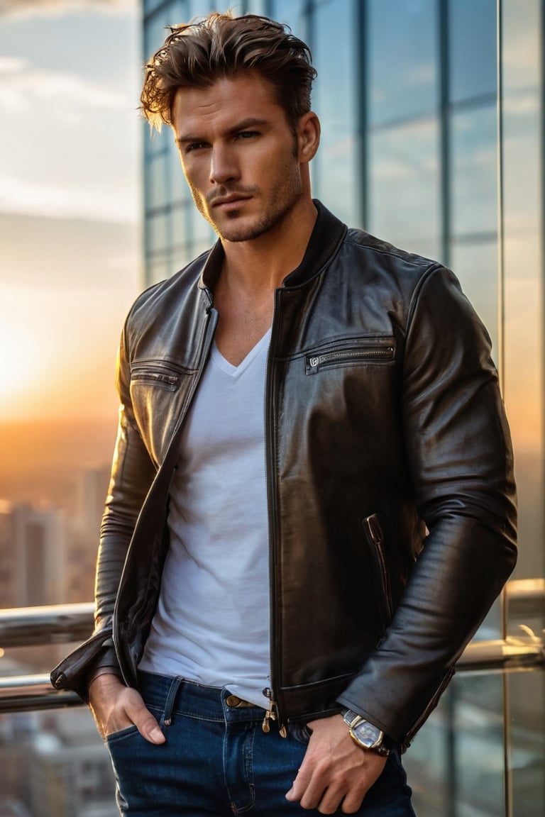 Adam poses seductively against the glass facade of a modern skyscraper, bathed in the warm tones of sunset. His rugged leather jacket contrasts with his tanned skin, accentuating his muscular physique. Golden light highlights his tousled hair and chiseled features as he gazes directly at the camera, exuding confidence and charm. He wears classic jeans, a crisp white T-shirt, and sleek sneakers, paired with a timeless wristwatch on his wrist. The Sony Alpha 7R IV and Nikon D850 capture every detail of this photorealistic portrait, showcasing Adam's captivating beauty in ultra-realistic HD.