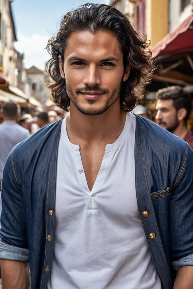 A majestic Adam stands forth against a tapestry of medieval market charm, his resolute gaze radiating from amidst the vibrant stalls and bustling merchants. The sun's warm rays dance across his features, illuminating the intricate patterns on his cloak and the gentle ruffling of his dark locks. Classic denim jeans, crisp white T-shirt, and sleek sneakers accentuate his toned physique as he strikes a seductive pose, wristwatch gleaming on his wrist. His radiant skin glows with a healthy sheen, and piercing black eyes sparkle with charisma. A perfect smile curves his lips as he meets the camera's gaze, exuding confidence. The Nikon D850 captures this photorealistic portrait in stunning ultra-realistic HD, showcasing Adam's captivating beauty.