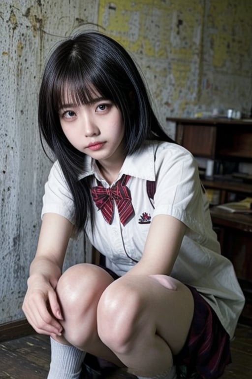 real girl , 18 years old Japanese girl , Japanese school girl uniform, knee high stocking , shy innocent face , long brown hair,  visible skin detail, skin fuzz, glossy skin, natural_lighting, in abandoned school since 1989 in Hong Kong, broken tables , broken chairs, 1 girl, chinatsumura