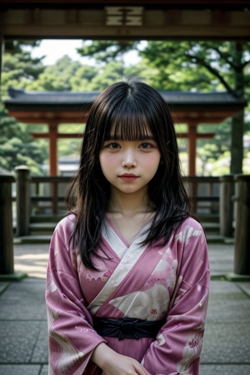 Real girl, 6 years old Japanese girl, wearing a traditional kimono, standing in front of a torii gate at a Japanese shrine, facing forward, innocent and shy face, long black hair, visible skin detail, natural lighting, serene and peaceful atmosphere, traditional Japanese setting