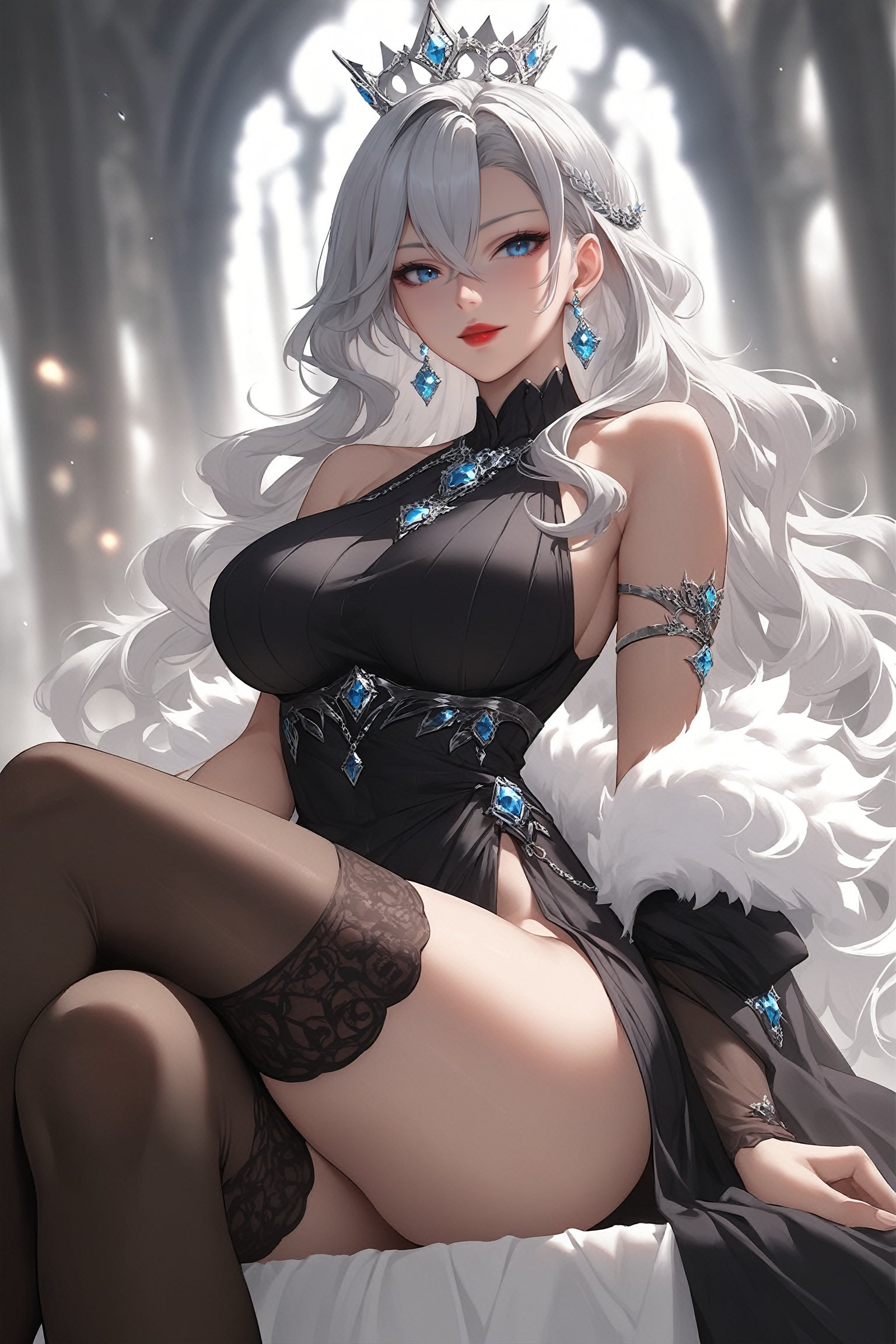 score_9, score_8_up, score_7_up, source_anime, dynamic angle, cowboy shot, 1girl, solo, long hair, looking at viewer, bangs, blue eyes, large breasts, hair between eyes, bare shoulders, jewelry, sitting, white hair, grey hair, earrings, sleeveless, off shoulder, black dress, fur trim, wavy hair, crossed legs, thighhighs, crown, gem, red lips