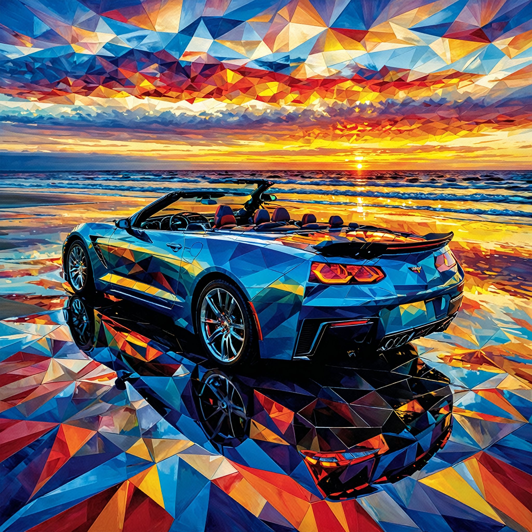 A stunning convertible car parked on a beach during sunset. The sky is painted with a myriad of geometric shapes in vibran...