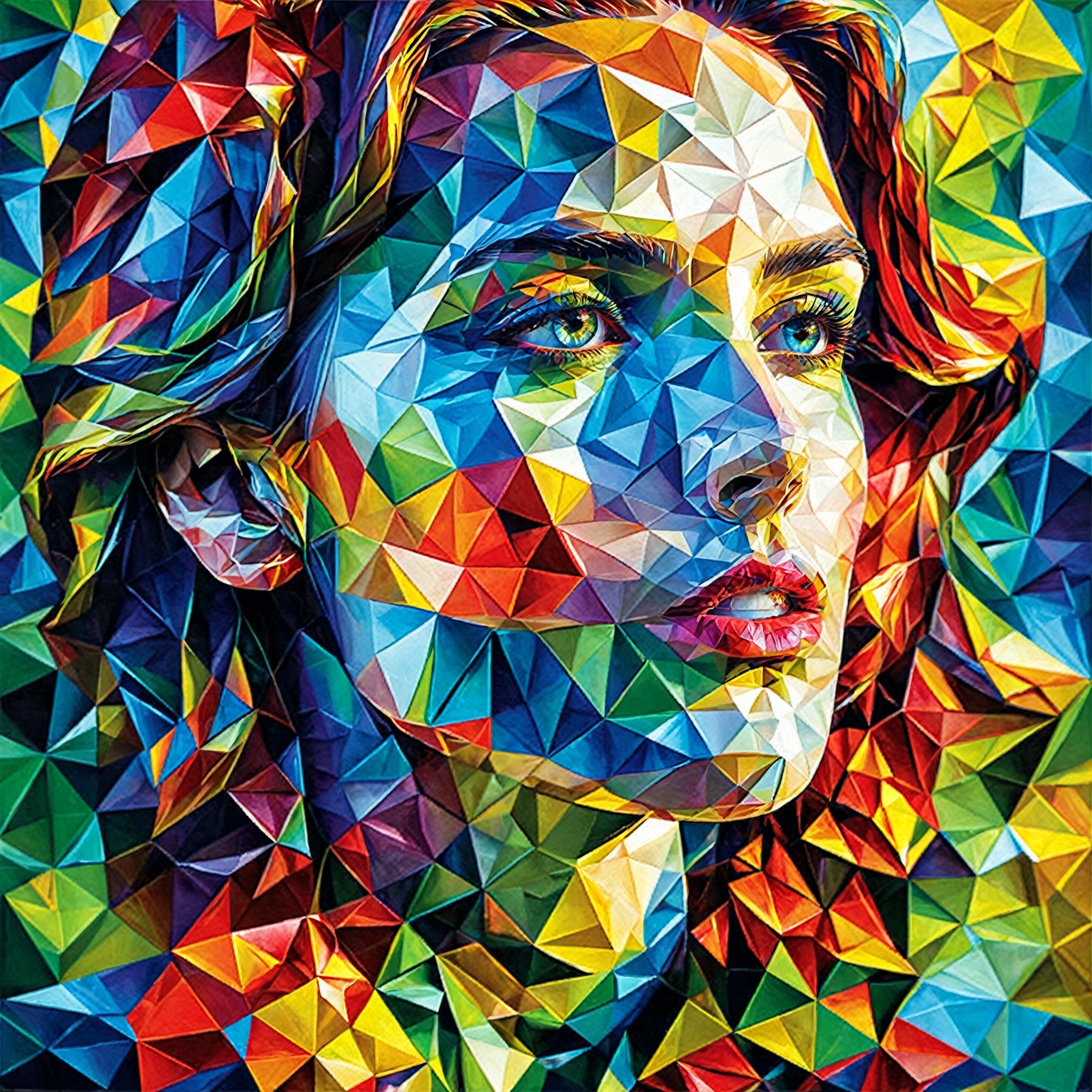 A vibrant and abstract portrait of a woman. The portrait is composed of geometric polygons,  primarily triangles,  that ar...