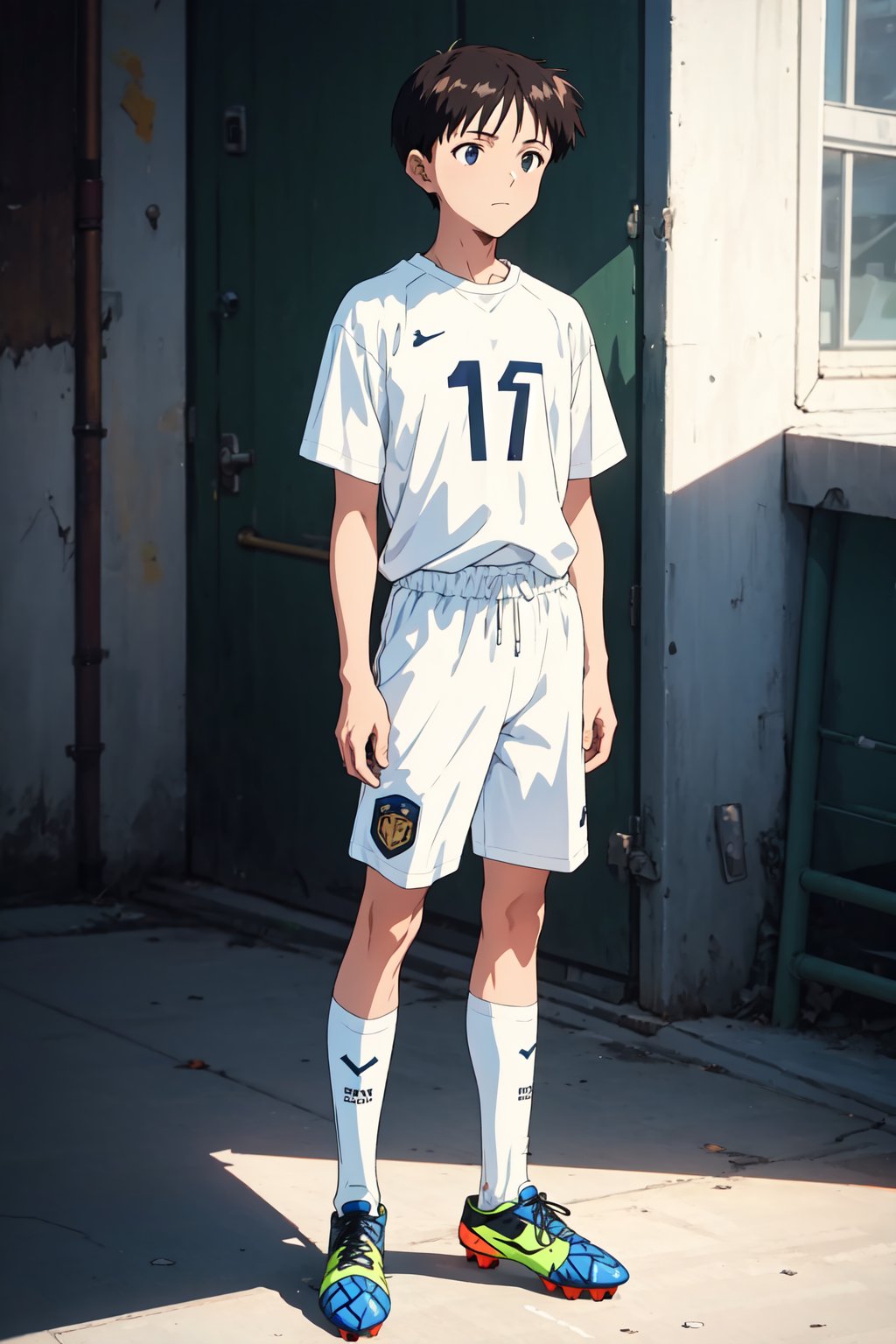 1boy,male, standing,fitted t-shirt,white round neck fitted t-shirt,white shorts,Soccer Shoes, (masterpiece, best quality), top quality, top resolution, sharp image, perfect details, perfect lighting, perfect shadows, perfect lighting, glowing skin,Shinji Ikari