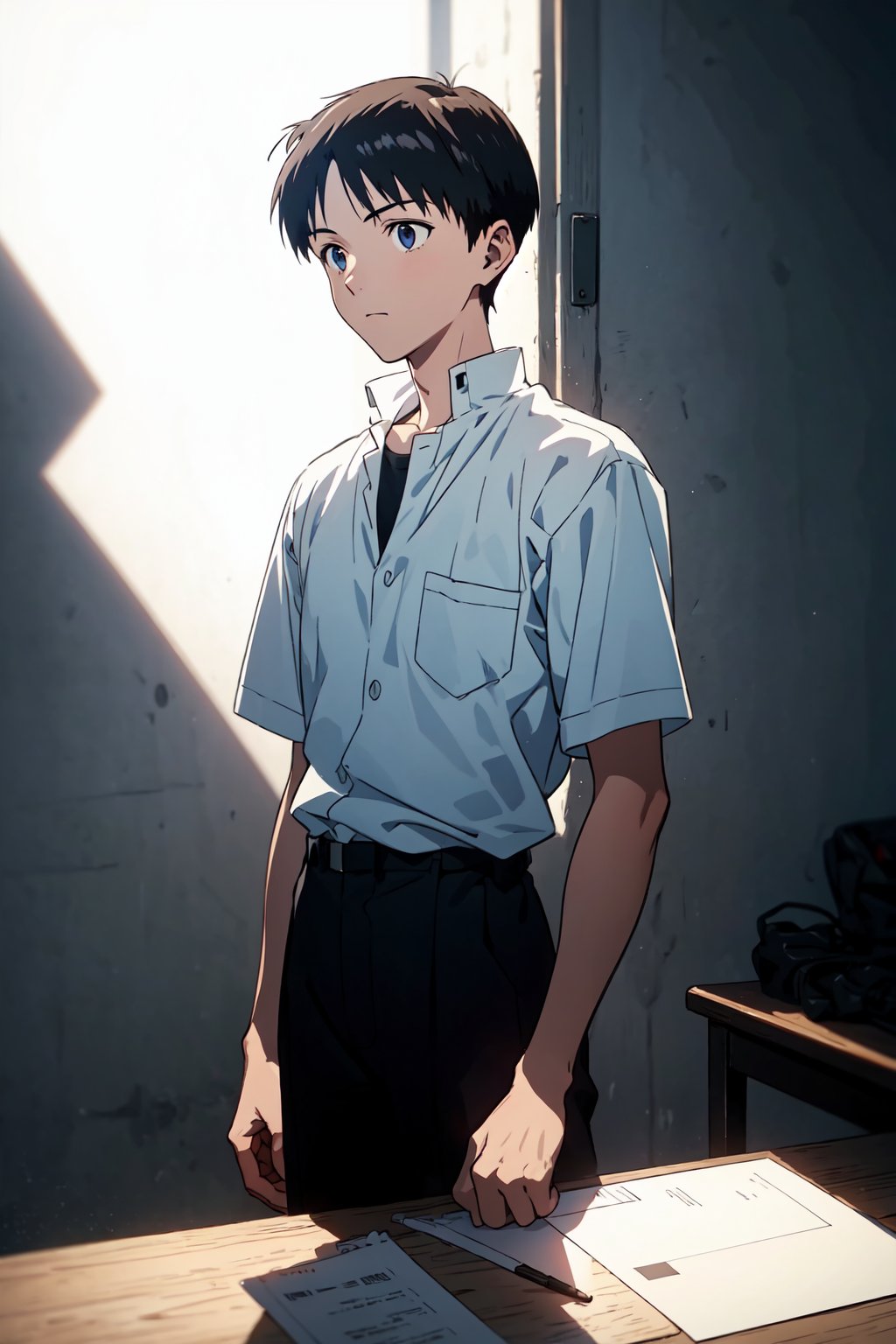 1boy,male, standing, (masterpiece, best quality), top quality, top resolution, sharp image, perfect details, perfect lighting, perfect shadows, perfect lighting, glowing skin,Shinji Ikari