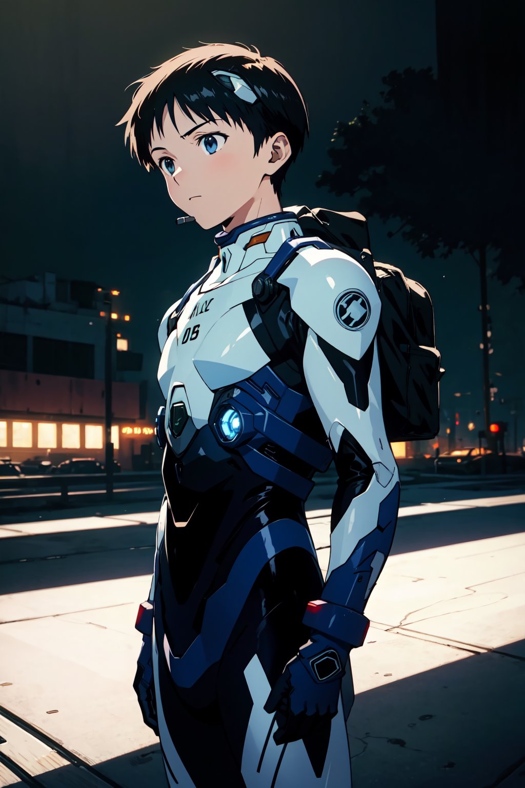 1boy,male, standing, (masterpiece, best quality), top quality, top resolution, sharp image, perfect details, perfect lighting, perfect shadows, perfect lighting, glowing skin,outside,Shinji Ikari,pilot suit,interface headset

