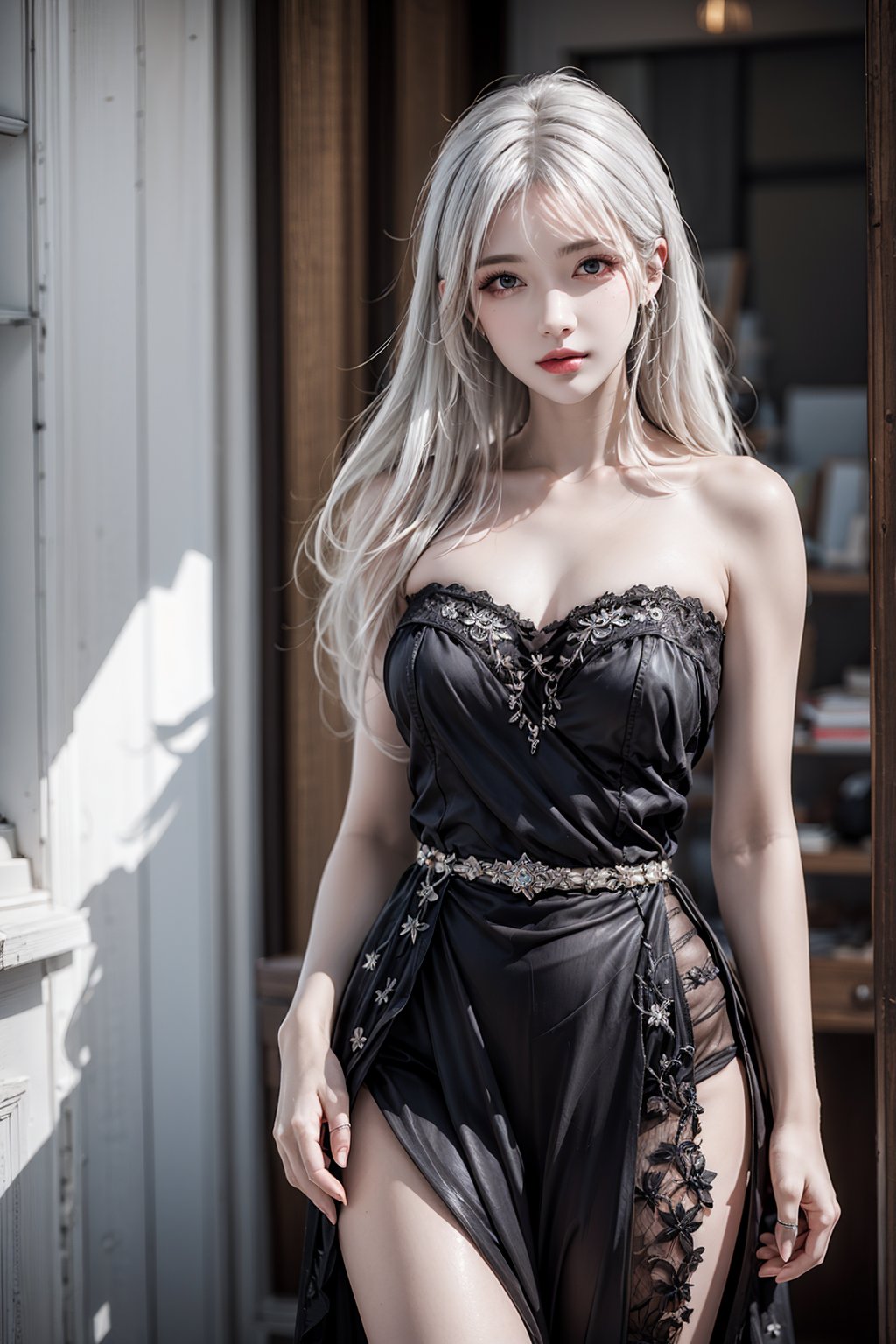 female,masterpiece, realistic, best quality, ultra detailed, waist up, long white hair, fashionable accessories, strapless dress, lace dress, black dress,