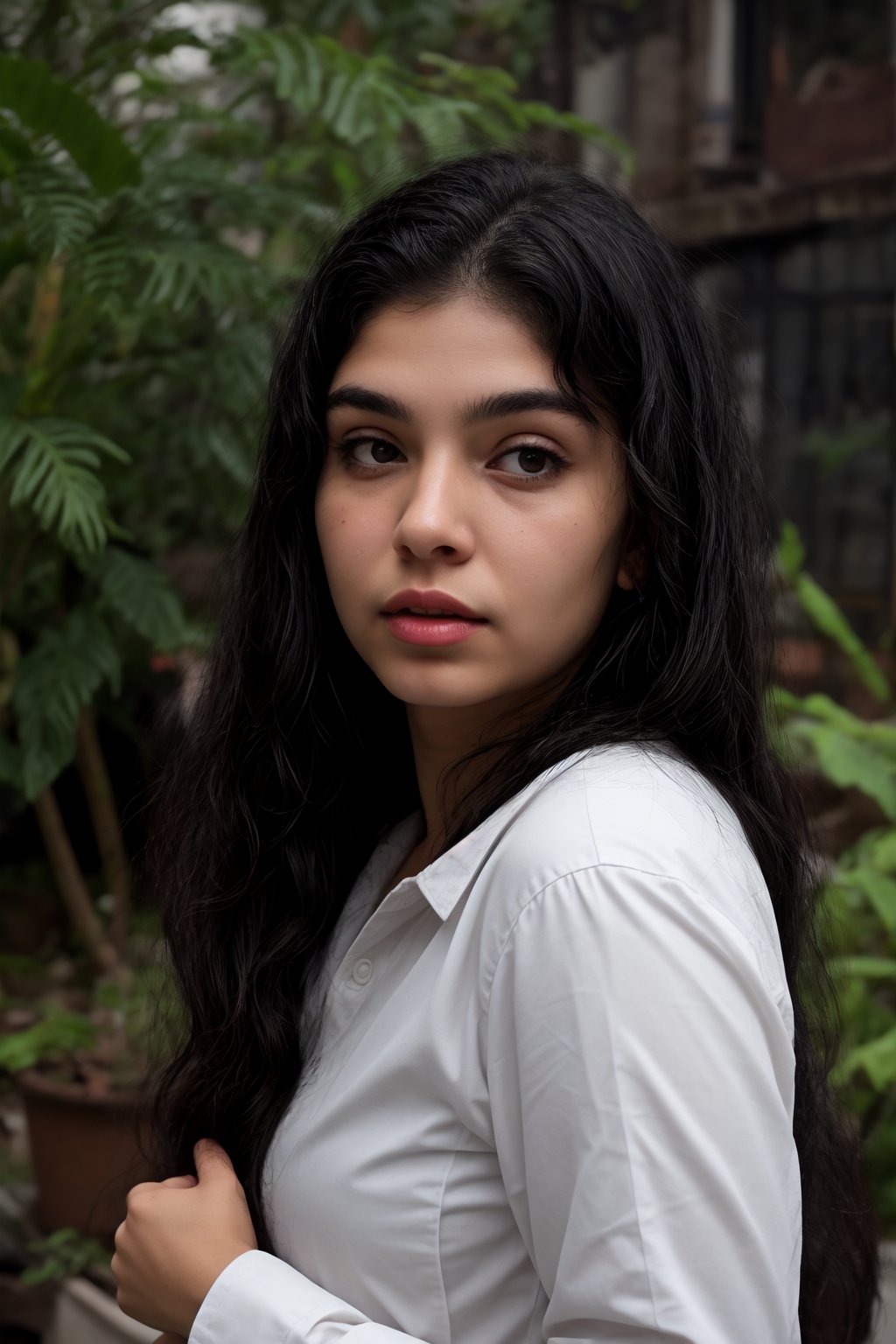 1girl, solo, long hair, looking at viewer, brown hair, shirt, black hair, long sleeves, white shirt, upper body, indoors, lips, head tilt, black shirt, plant, curly hair