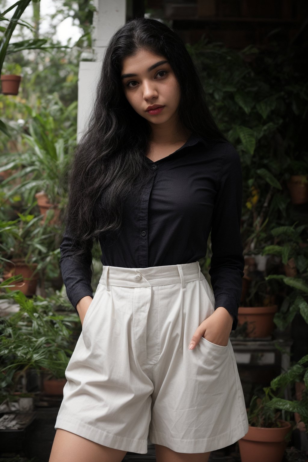 1girl, solo, long hair, looking at viewer, brown hair, shirt, black hair, long sleeves, white shirt, upper body, indoors, lips, black shirt, plant, curly hair