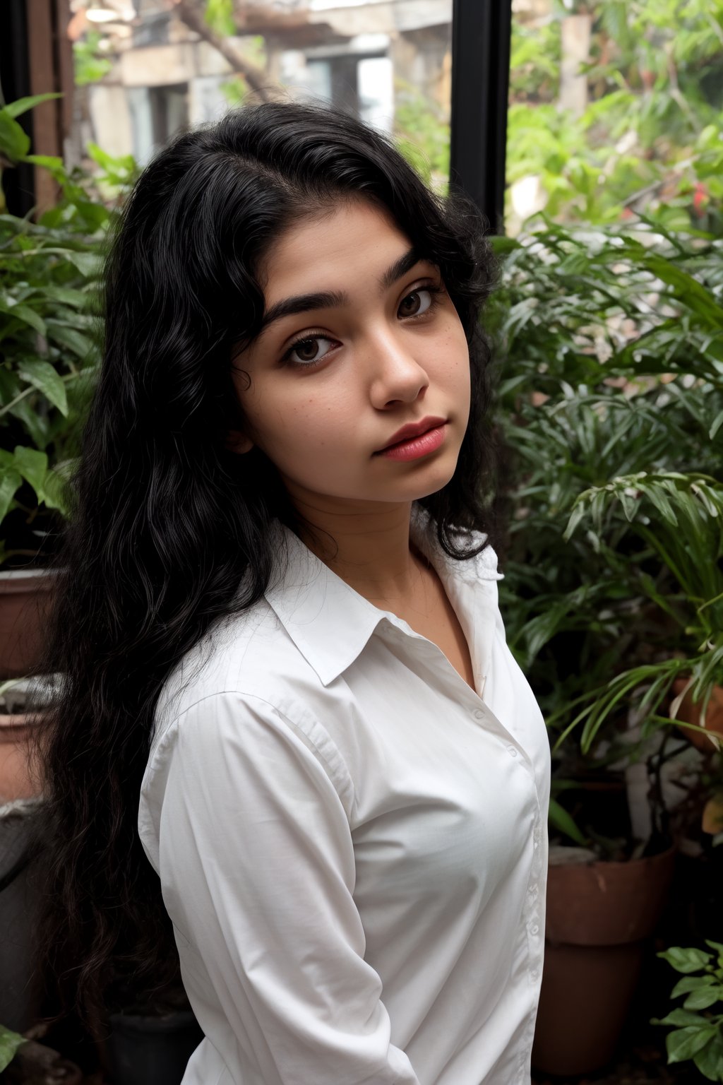 1girl, solo, long hair, looking at viewer, brown hair, shirt, black hair, long sleeves, white shirt, upper body, indoors, lips, head tilt, black shirt, plant, curly hair