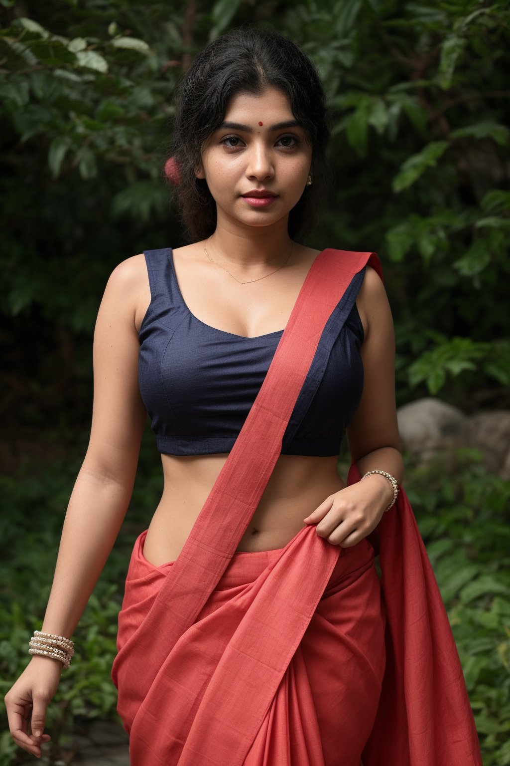 Red hair braided hair,  She remove Her red saree from navel and exposed Her big navel:2,  front view by AI factory on Tens...