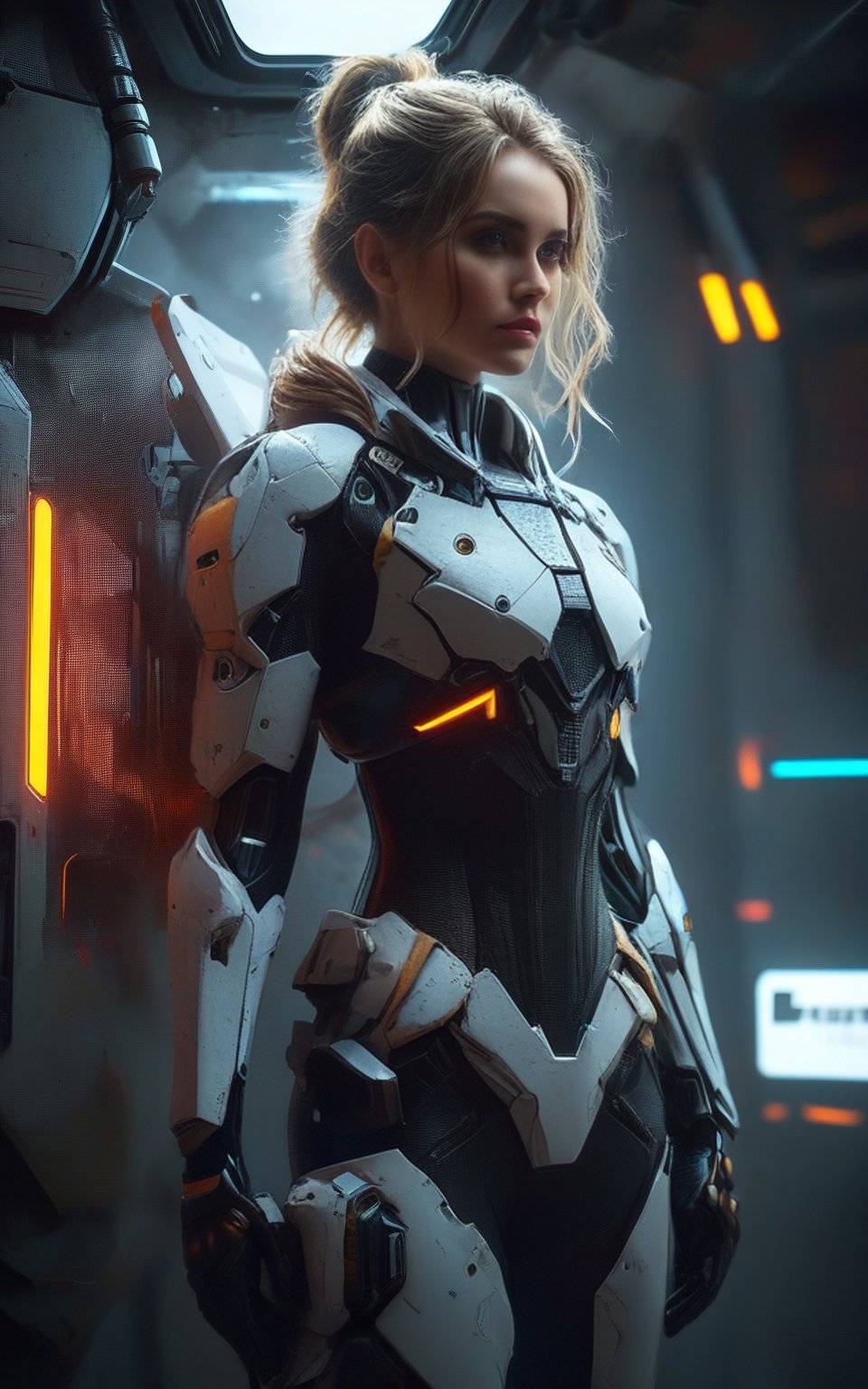 Create a cyberpunk-style GVA Armour Suit floating on a space station. The suit is sleek and adorned with neon lights,  ref...