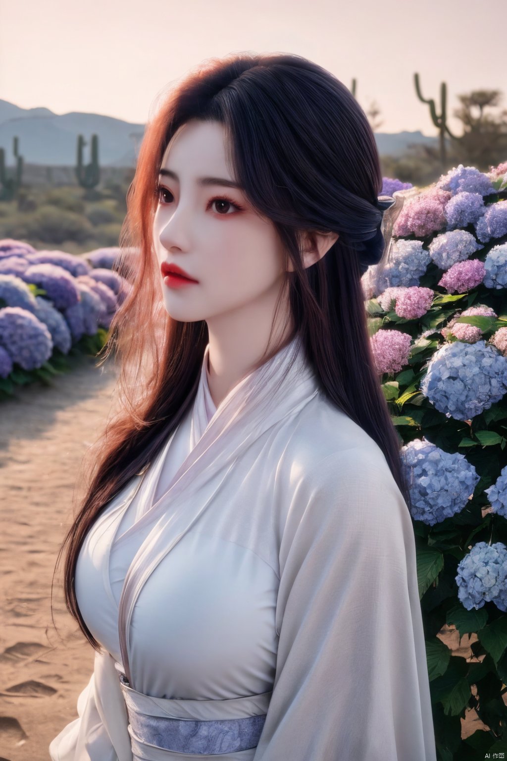 1girl, solo,(8k, raw photo, best quality, masterpiece:1.2), ,upper body,Xyunxi, ty-hd,, (big breasts:1.19), ,xyunxi,x-hydrangea, desert_sky, hanfu,xhuolinger